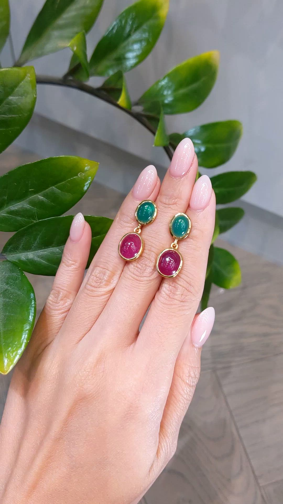 13.54&nbsp;Ct.Tw.Total Carat Weight Ruby and Green Agate Studs Earrings, 22K Gold Plated Silver Size Video