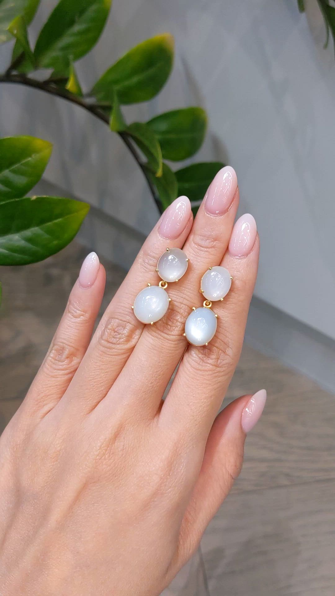 18.38 Ct.Tw.Total Carat Weight White Moonstone Studs Earrings, 22K Gold Plated Silver Size Video