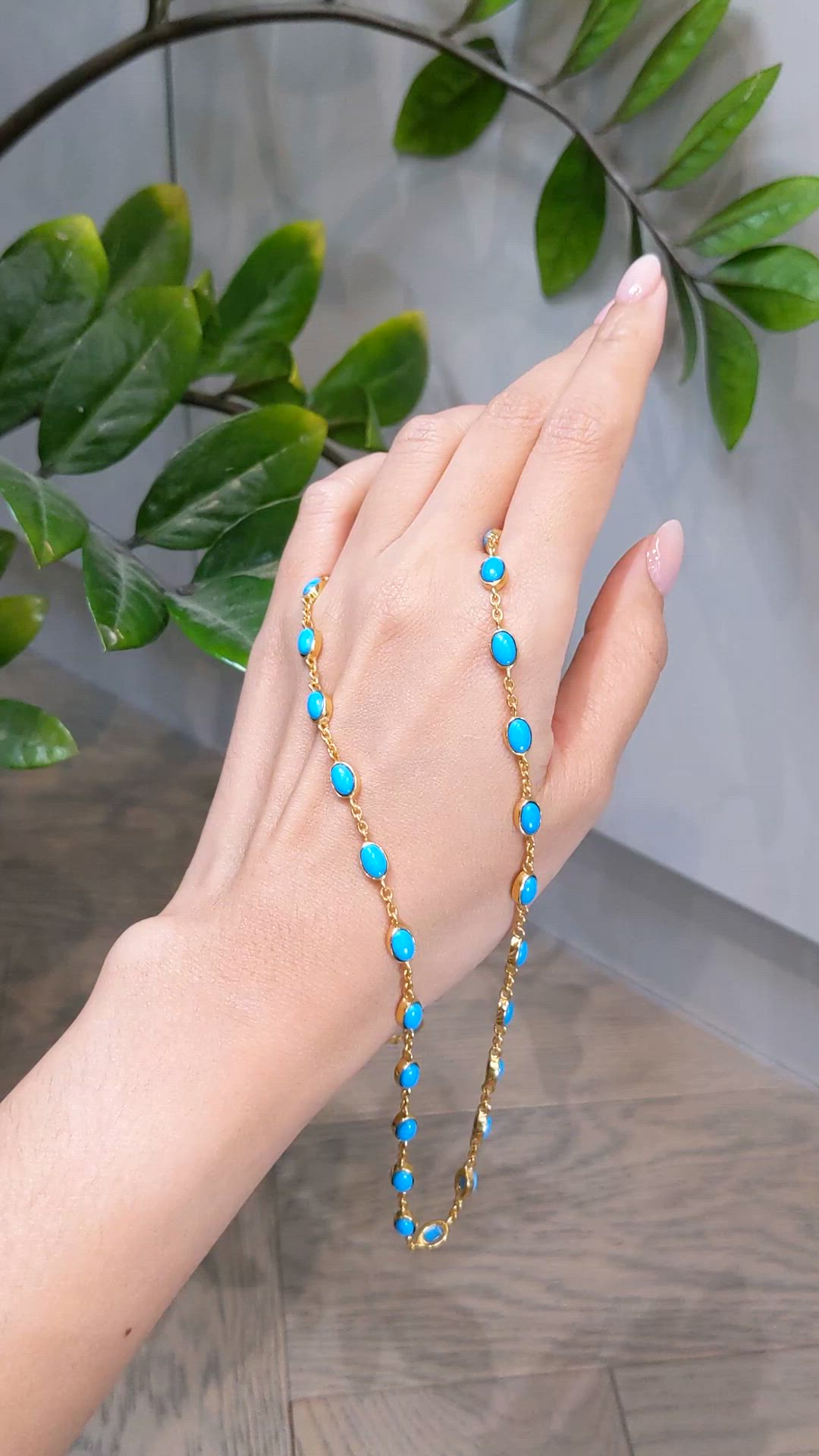 22.36 Ct. Blue Turquoise Bezel Necklace, 22K Gold Plated Silver Size Video