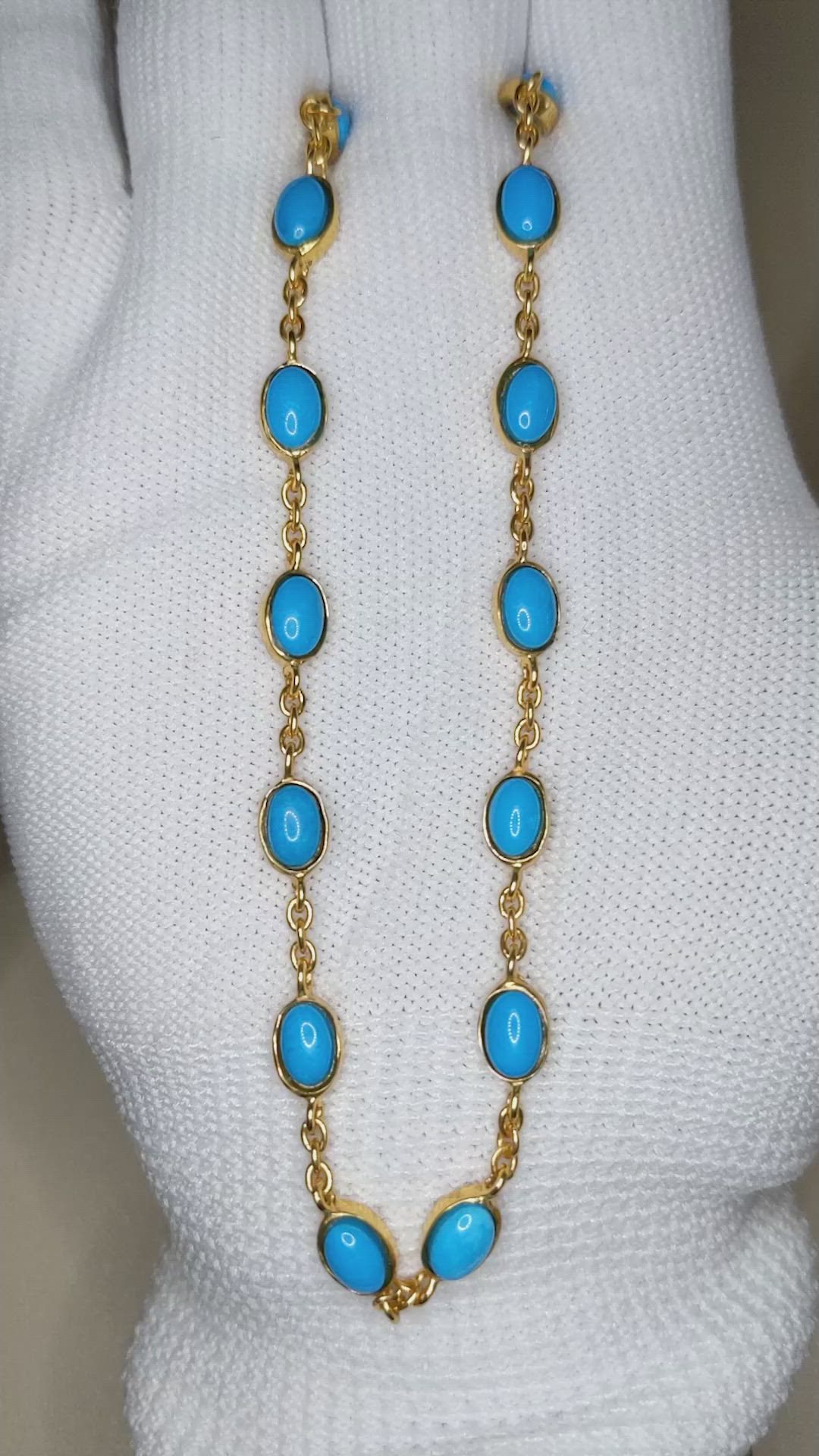 22.36 Ct. Blue Turquoise Bezel Necklace, 22K Gold Plated Silver Size Video