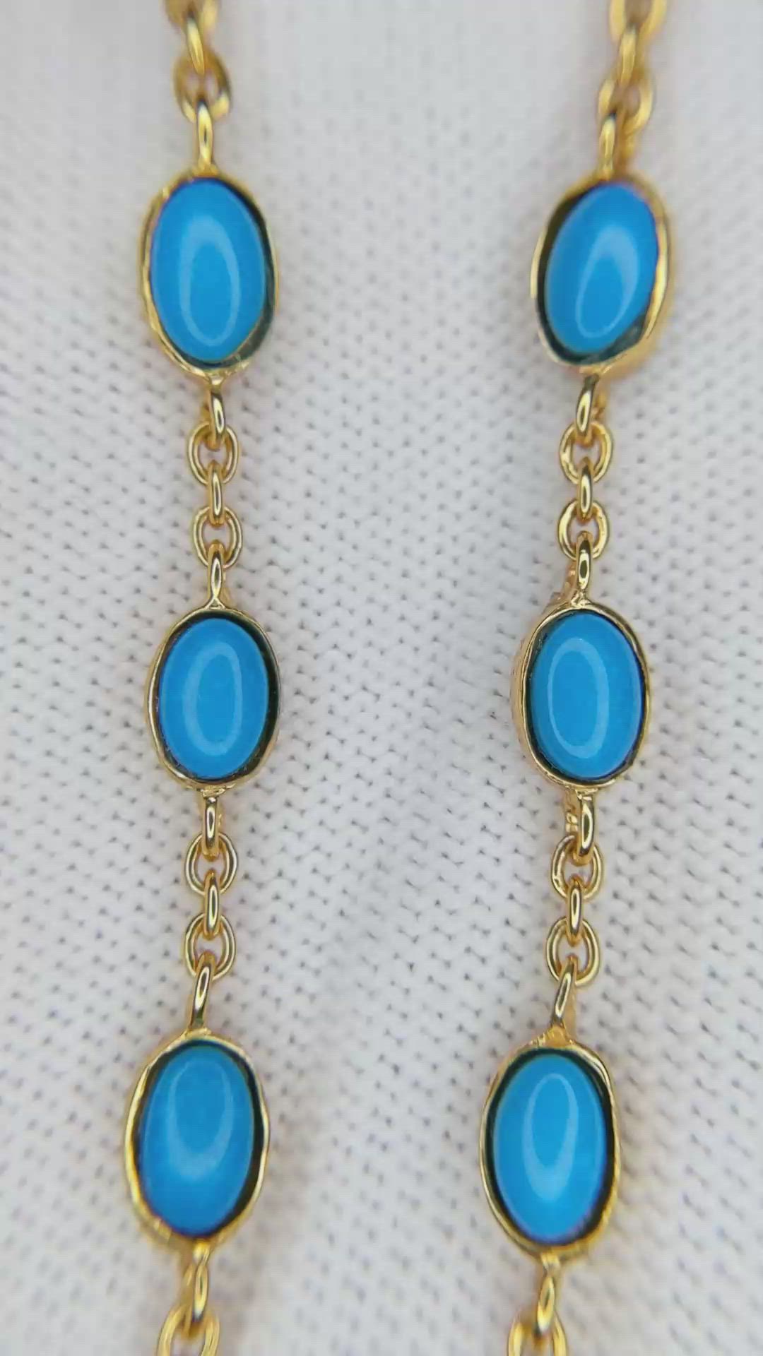 22.36 Ct. Blue Turquoise Bezel Necklace, 22K Gold Plated Silver Size Video