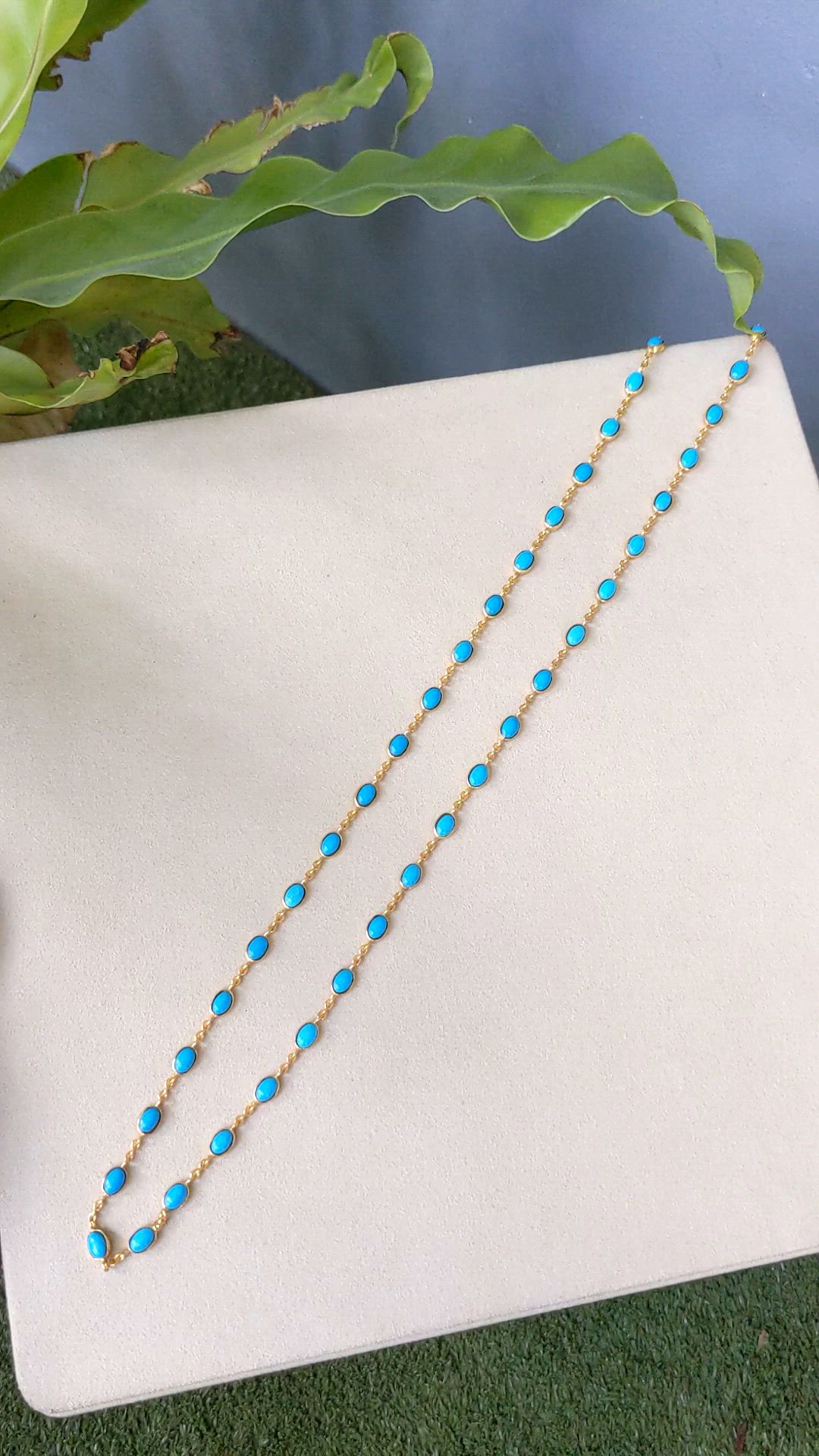 22.36 Ct. Blue Turquoise Bezel Necklace, 22K Gold Plated Silver Size Video