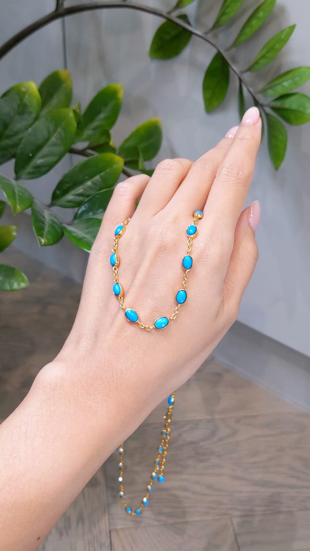 22.36 Ct. Blue Turquoise Bezel Necklace, 22K Gold Plated Silver Size Video