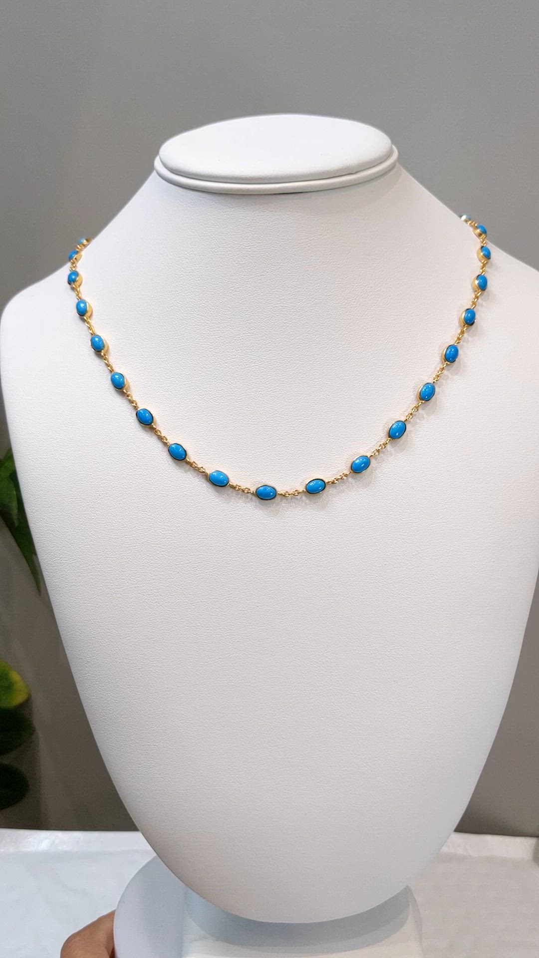 22.36 Ct. Blue Turquoise Bezel Necklace, 22K Gold Plated Silver Size Video