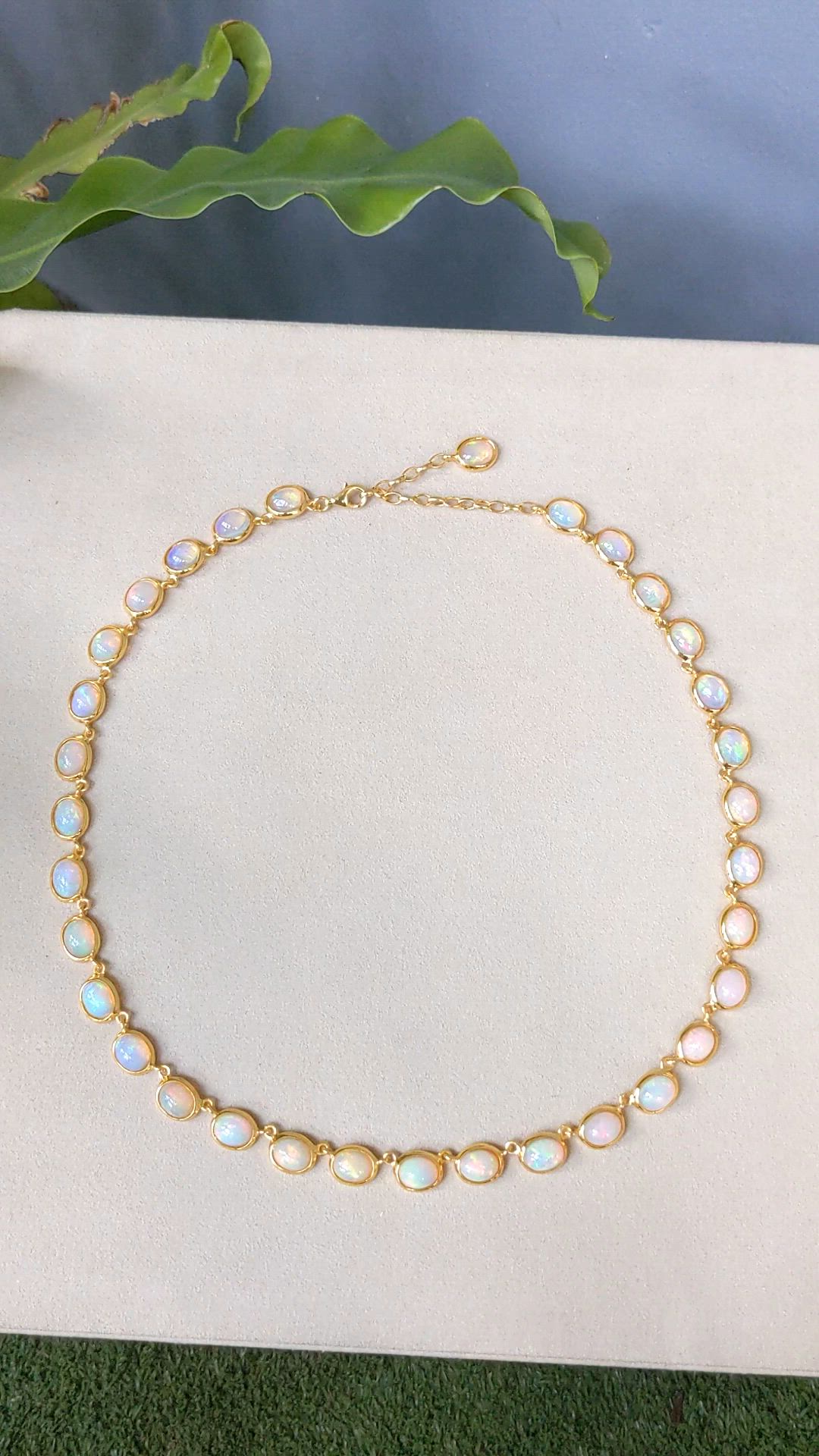 49.50 Ct. Multi Color Opal Bezel Necklace, 22K Gold Plated Silver Size Video