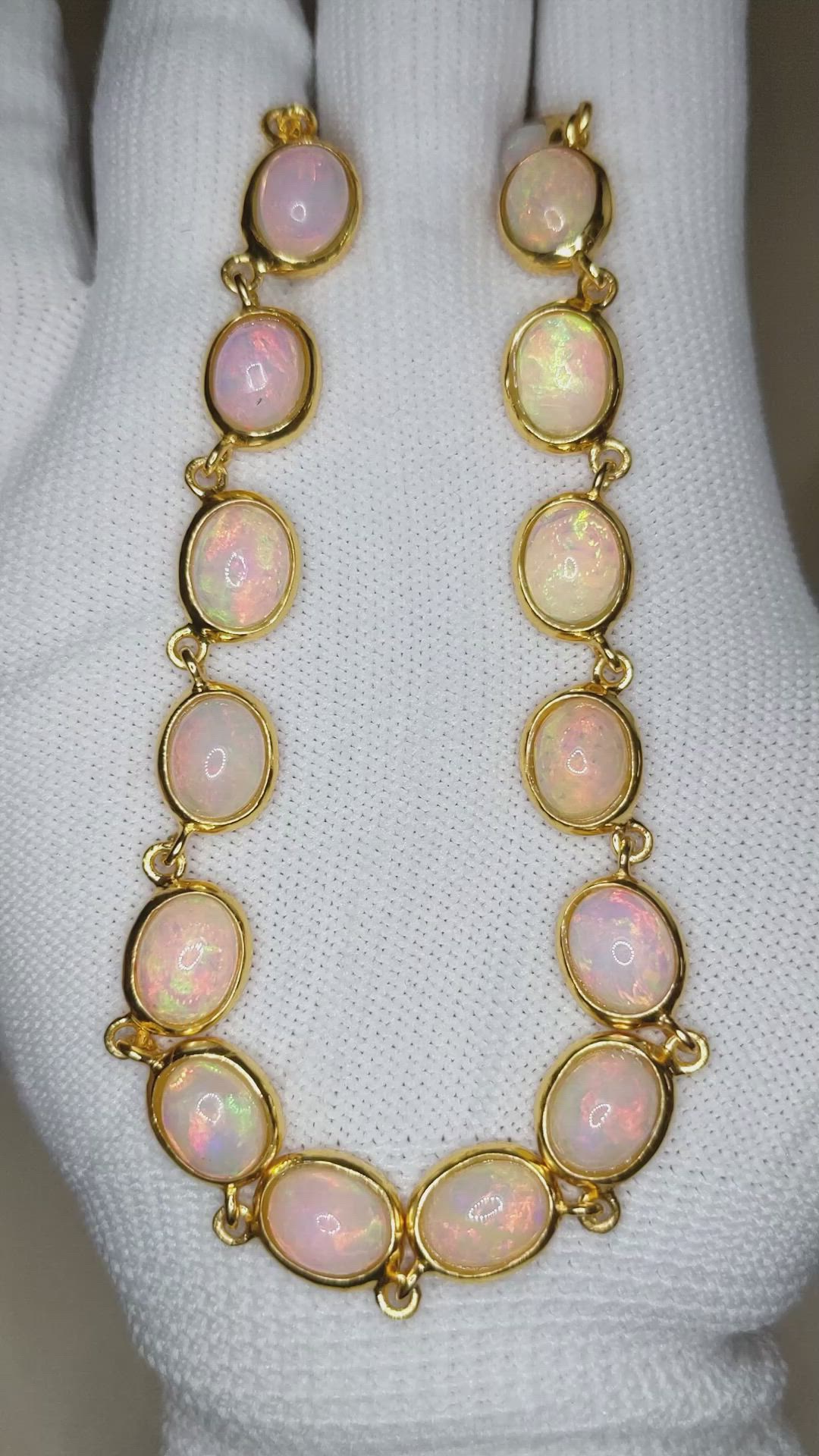 49.50 Ct. Multi Color Opal Bezel Necklace, 22K Gold Plated Silver Size Video