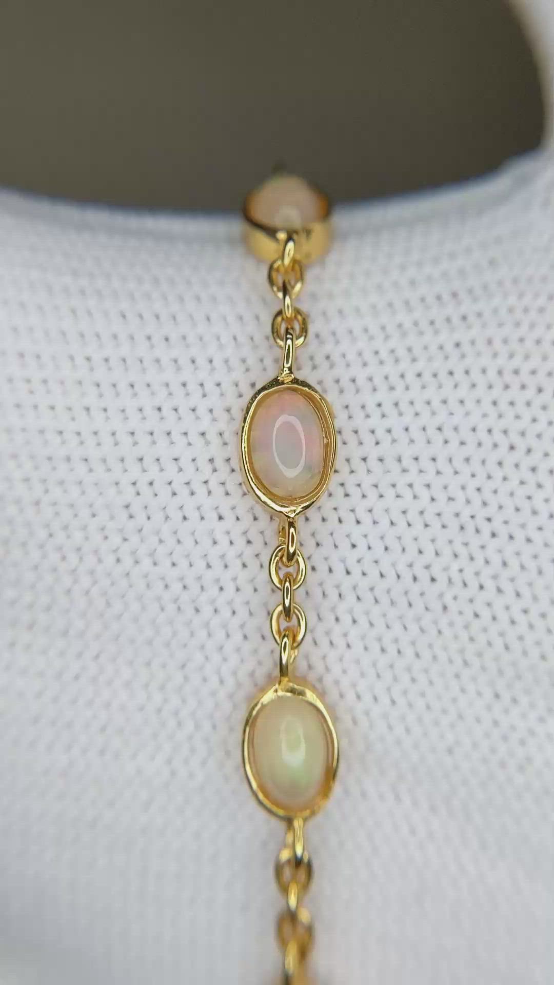 3.20&nbsp;Ct.Tw.Total Carat Weight Multi Color White Opal (Light Opal) Bezel Bracelet, 22K Gold Plated Silver Size Video