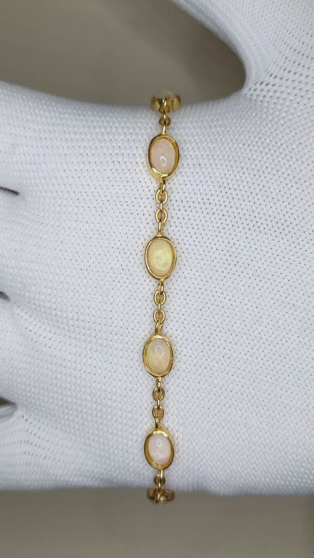 3.20&nbsp;Ct.Tw.Total Carat Weight Multi Color White Opal (Light Opal) Bezel Bracelet, 22K Gold Plated Silver Size Video