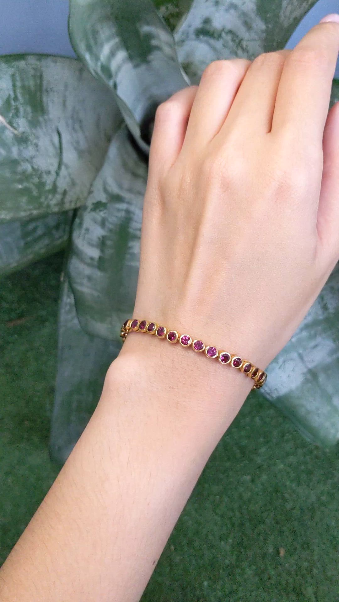 5.52&nbsp;Ct.Tw.Total Carat Weight Reddish Purple Rhodolite Garnet Bezel Bracelet, 22K Gold Plated Silver Size Video