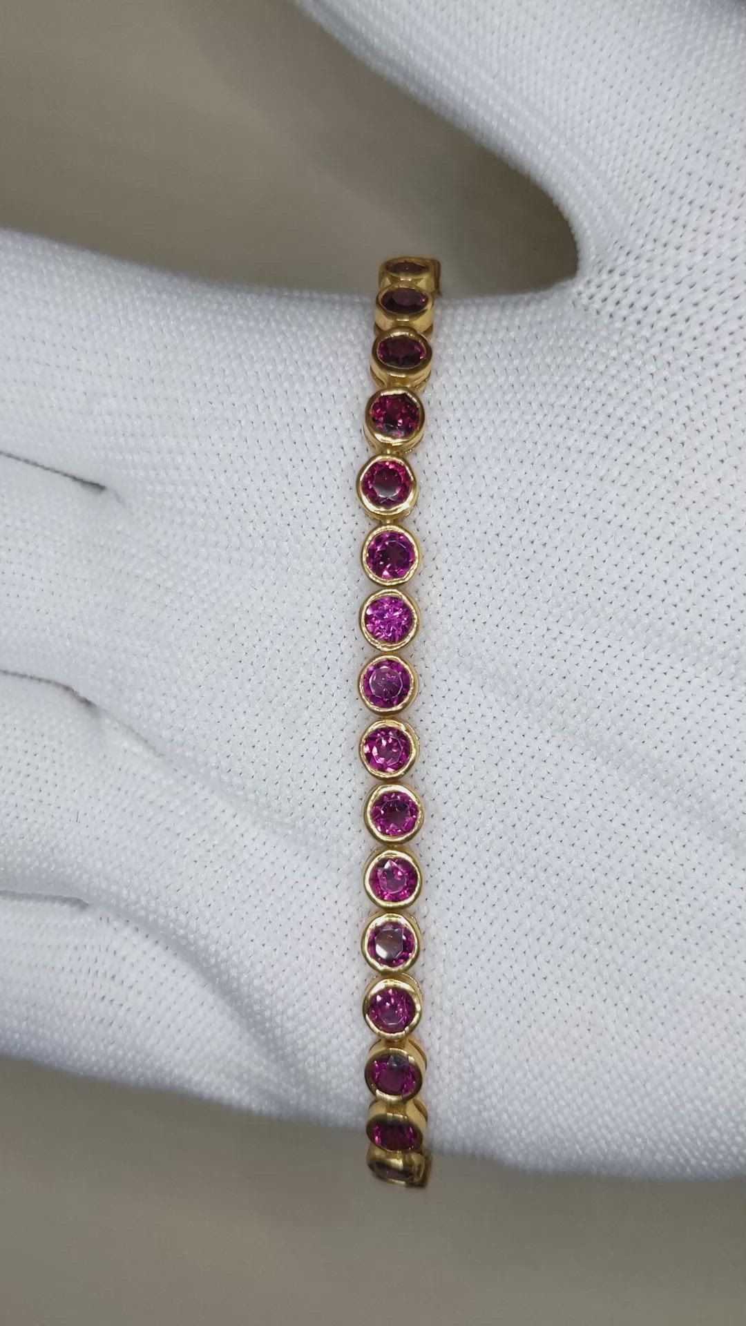 5.52&nbsp;Ct.Tw.Total Carat Weight Reddish Purple Rhodolite Garnet Bezel Bracelet, 22K Gold Plated Silver Size Video