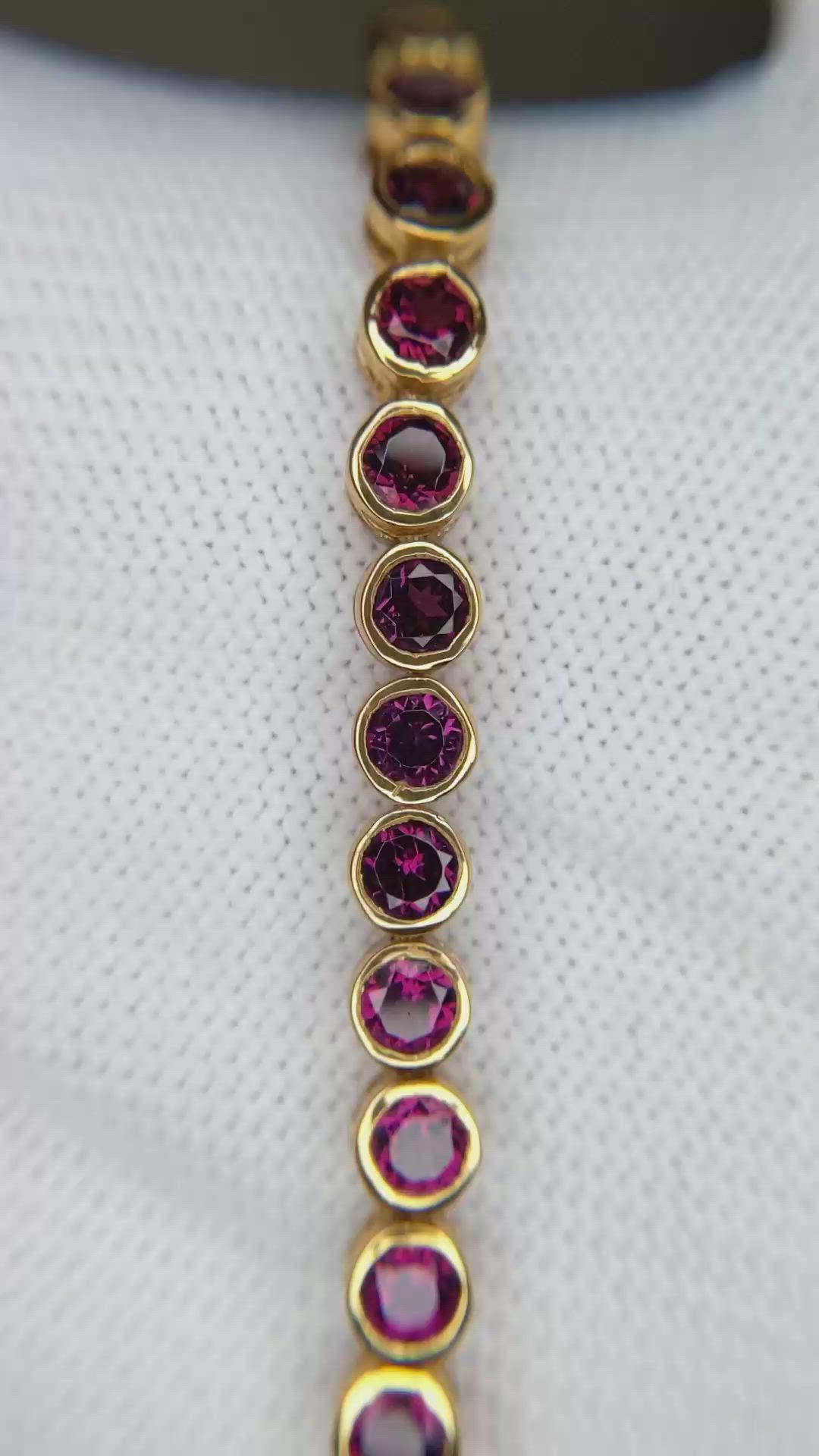5.52&nbsp;Ct.Tw.Total Carat Weight Reddish Purple Rhodolite Garnet Bezel Bracelet, 22K Gold Plated Silver Size Video