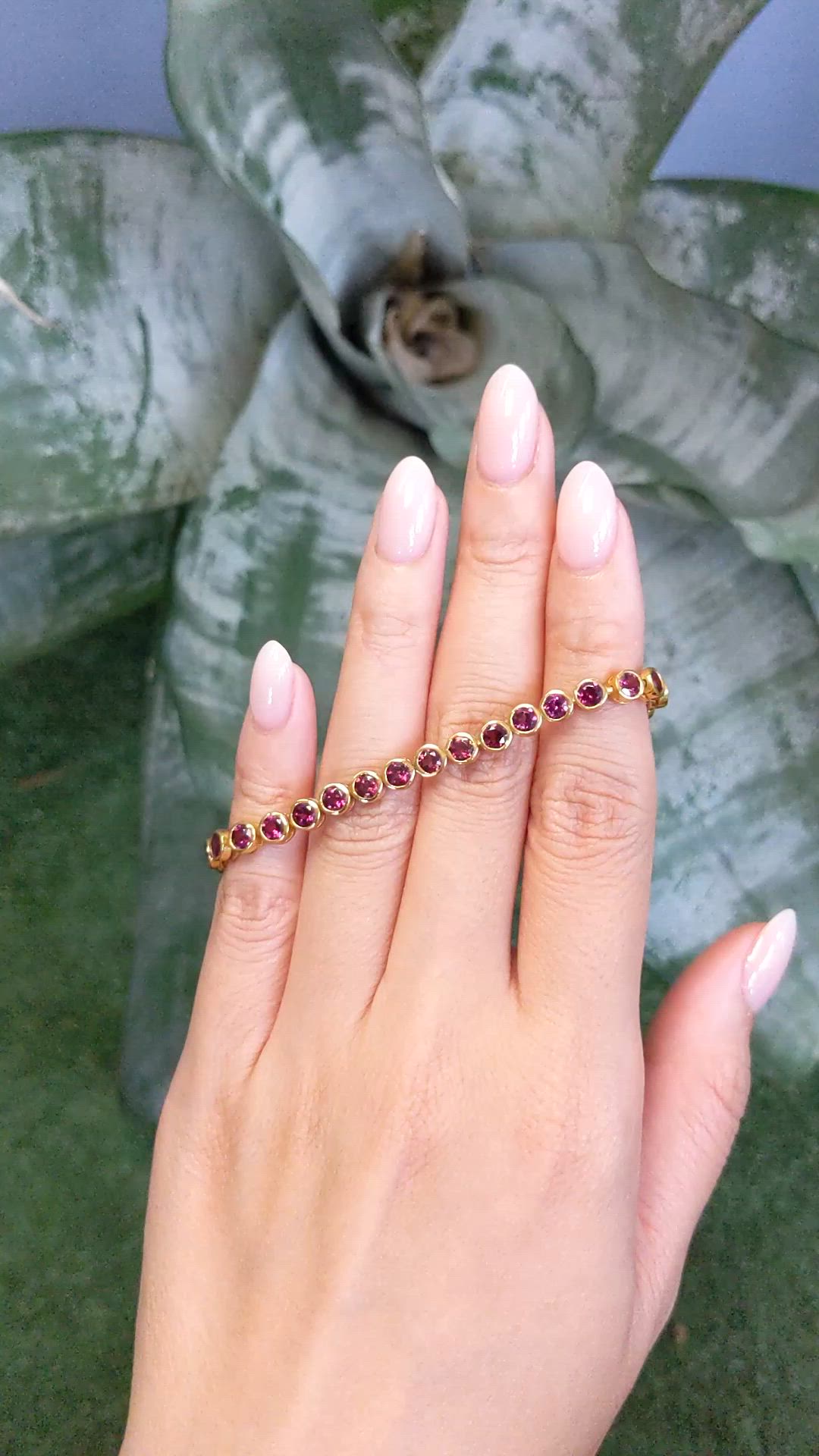 5.52&nbsp;Ct.Tw.Total Carat Weight Reddish Purple Rhodolite Garnet Bezel Bracelet, 22K Gold Plated Silver Size Video