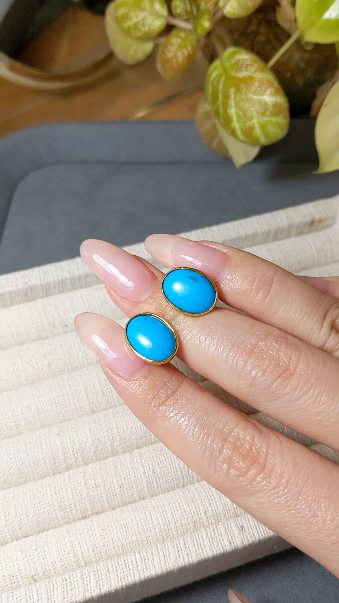 3.82 Ct.Tw.Total Carat Weight Blue Turquoise Studs Earrings, 22K Gold Plated Silver Size Video