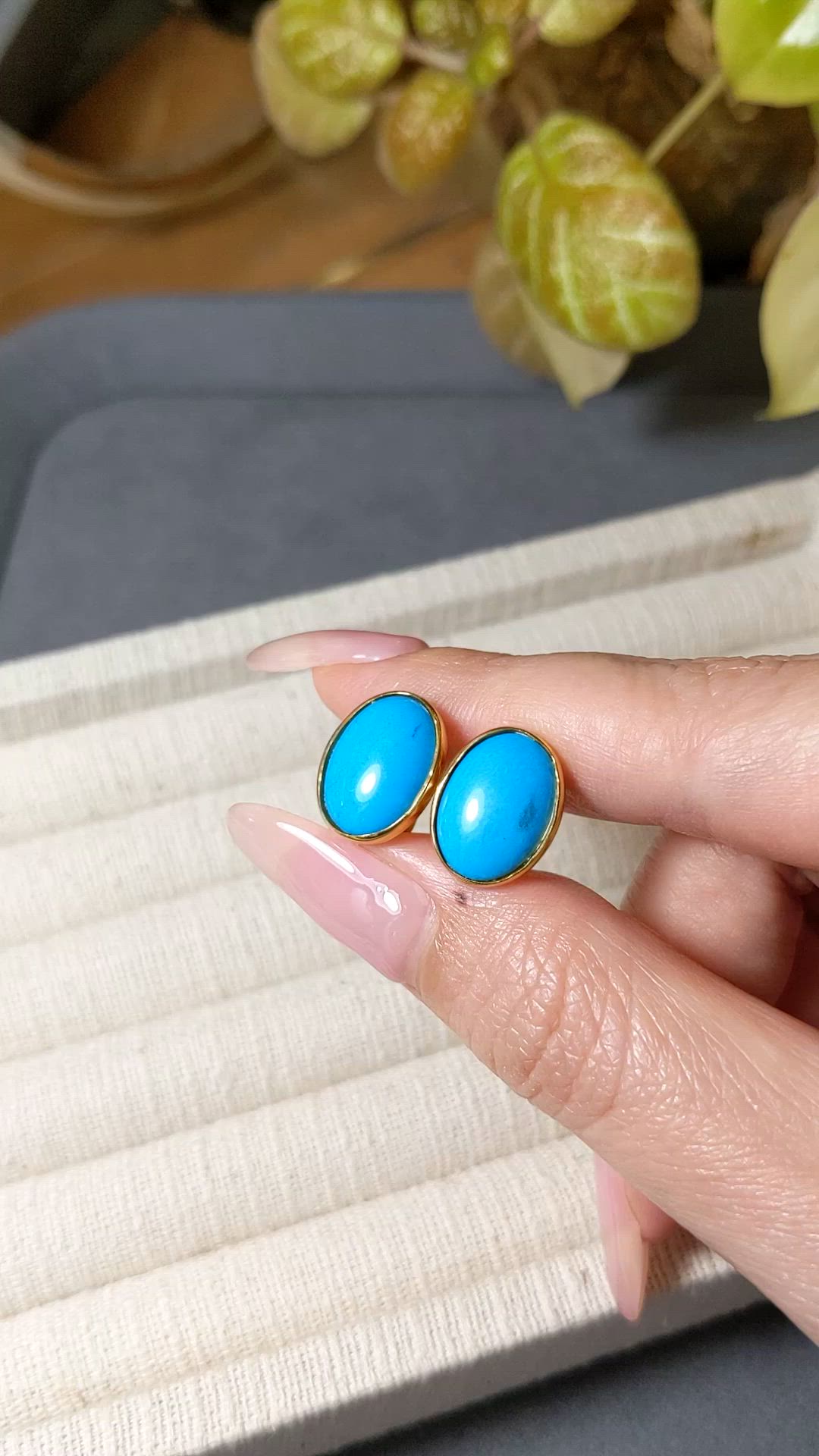 3.82 Ct.Tw.Total Carat Weight Blue Turquoise Studs Earrings, 22K Gold Plated Silver Size Video