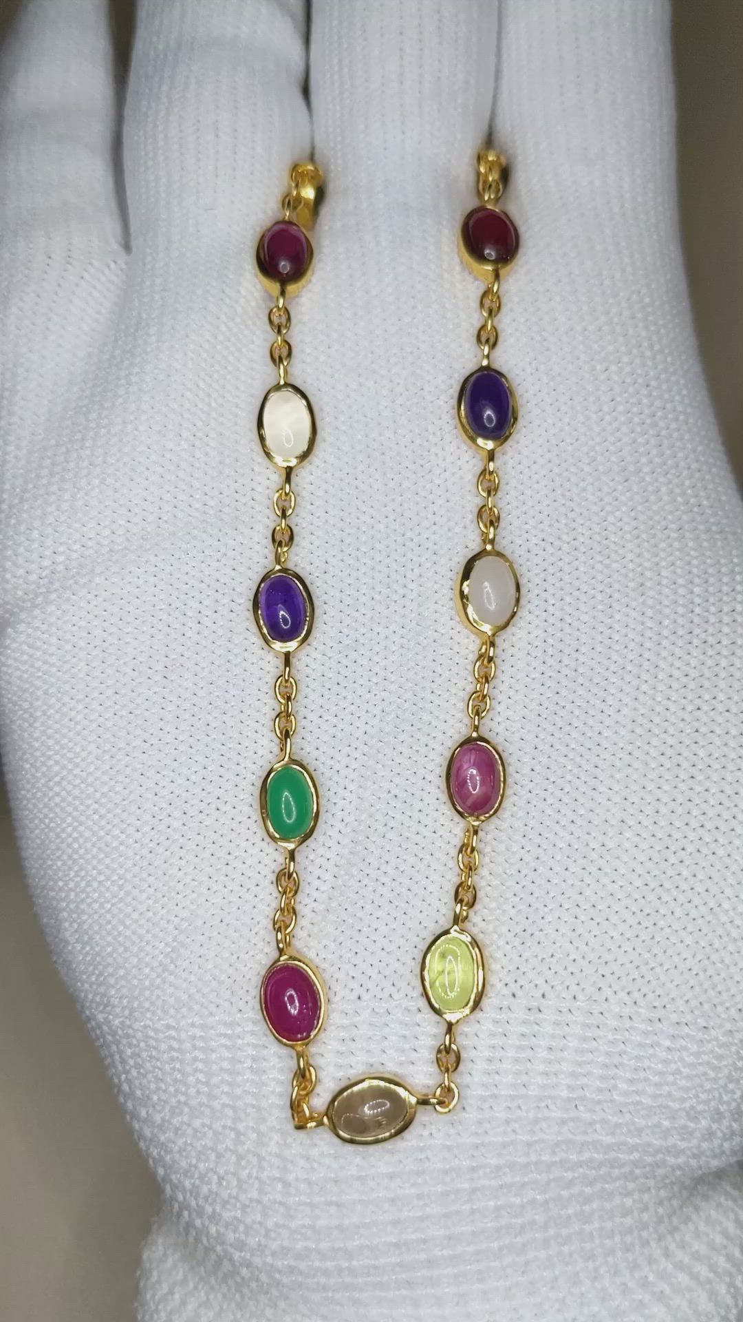 2.47&nbsp;Ct.Tw.Total Carat Weight Ruby, Peridot, Amethyst, Quartz, Moonstone and Agate Bezel Necklace, 22K Gold Plated Silver Size Video