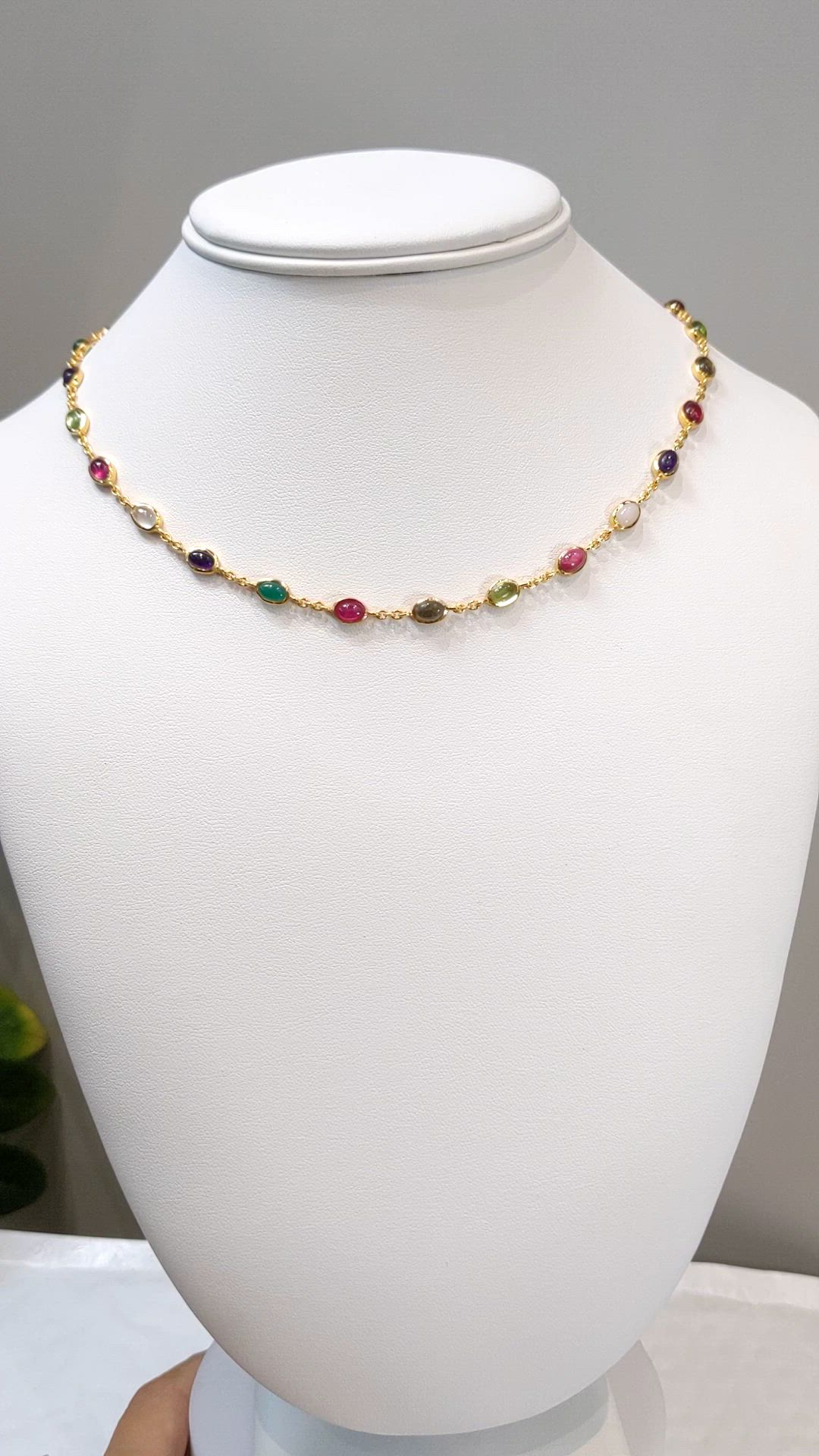 2.47&nbsp;Ct.Tw.Total Carat Weight Ruby, Peridot, Amethyst, Quartz, Moonstone and Agate Bezel Necklace, 22K Gold Plated Silver Size Video