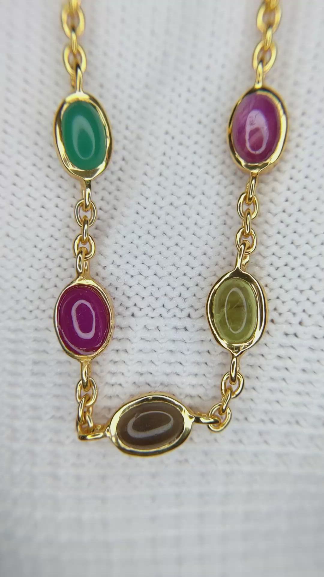 2.47&nbsp;Ct.Tw.Total Carat Weight Ruby, Peridot, Amethyst, Quartz, Moonstone and Agate Bezel Necklace, 22K Gold Plated Silver Size Video