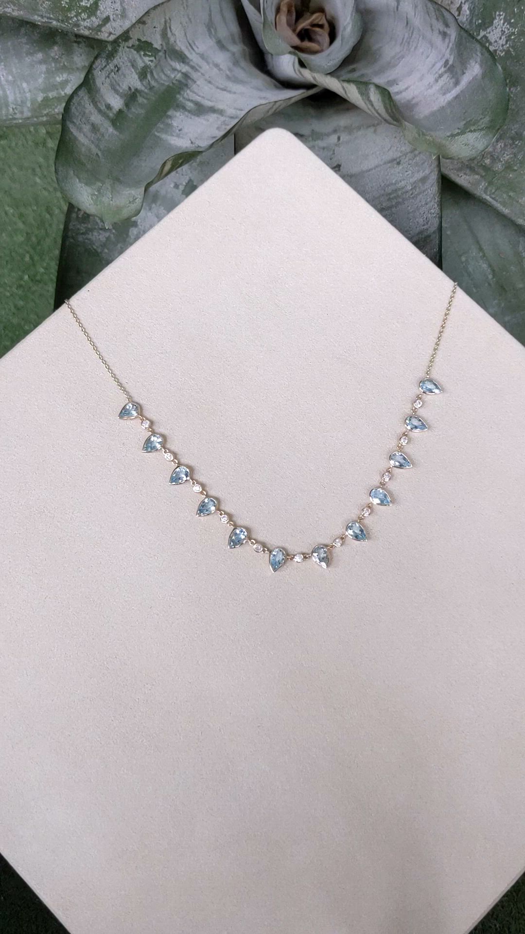 6.74 Ct. Blue Aquamarine and Natural Diamond Bezel Necklace, 14K Yellow Gold Size Video