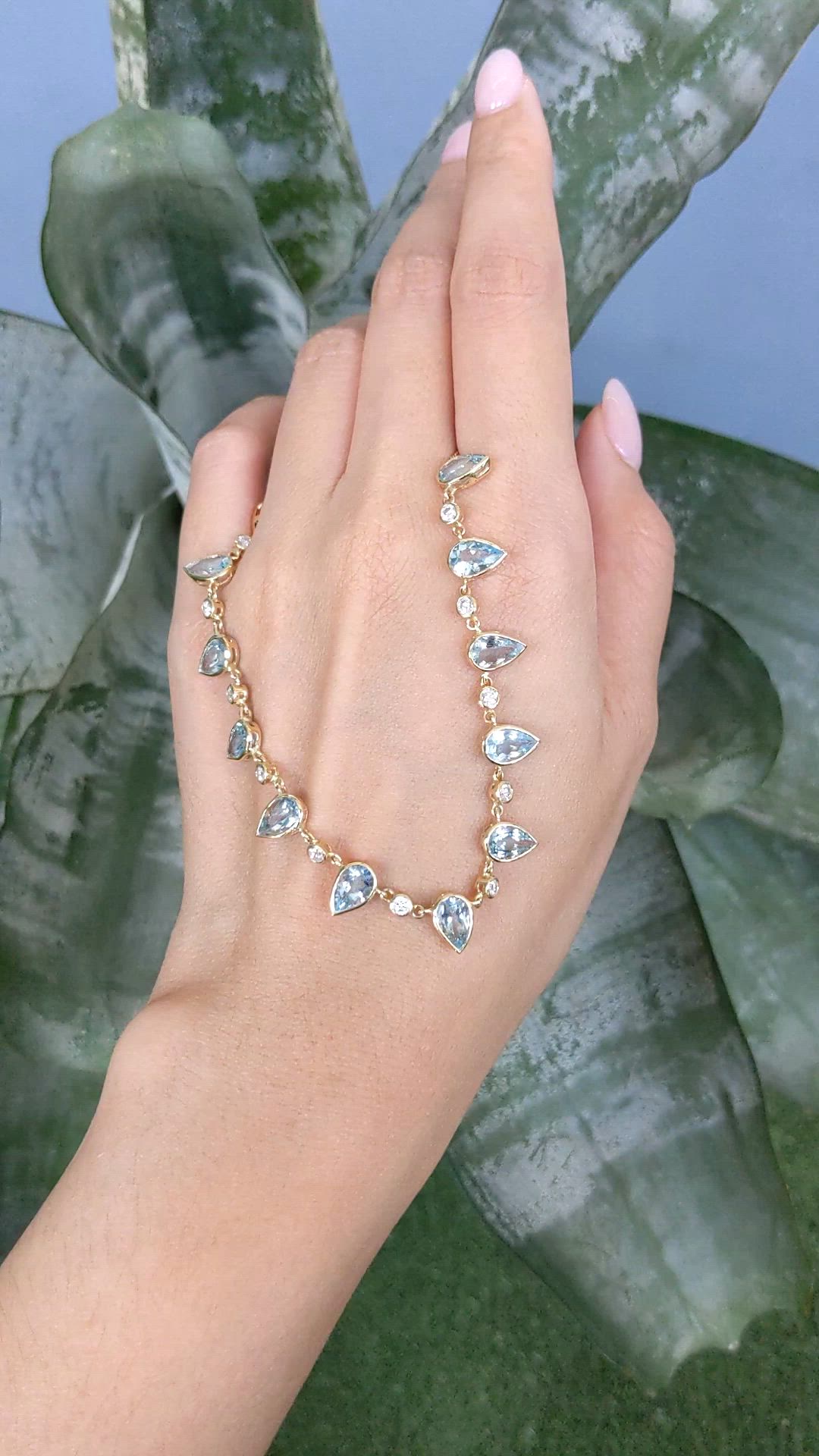 6.74 Ct. Blue Aquamarine and Natural Diamond Bezel Necklace, 14K Yellow Gold Size Video