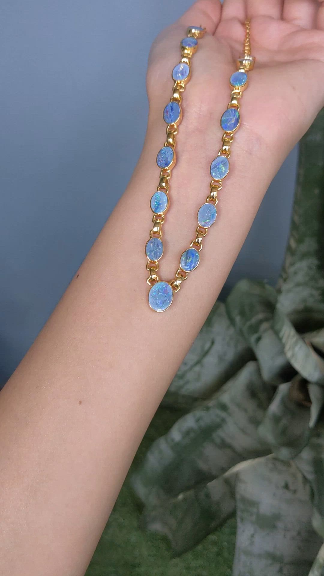 0.92 Ct. Multi Color Opal and MultiColored Opal Bezel Necklace, 18K Gold Plated Silver Size Video