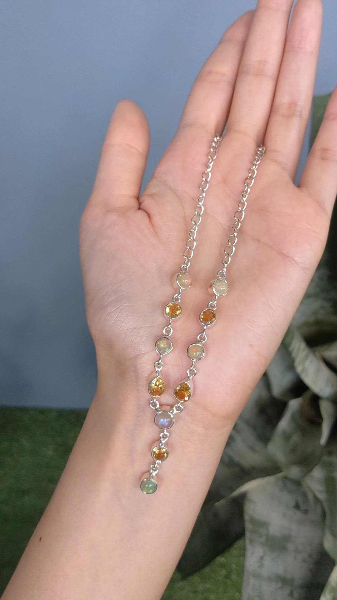2.22 Ct. Multi Color Opal and Yellow Citrine Bezel Necklace, Silver Size Video