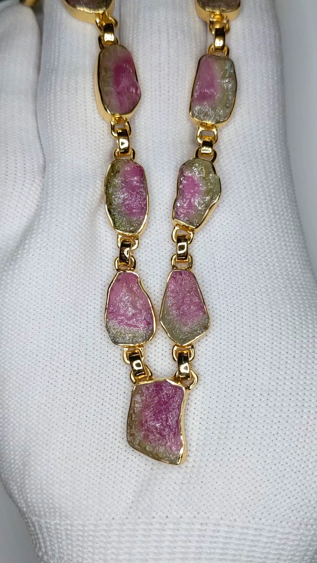 28.90 Ct. Watermelon Tourmaline Bezel Necklace, 18K Gold Plated Silver Size Video