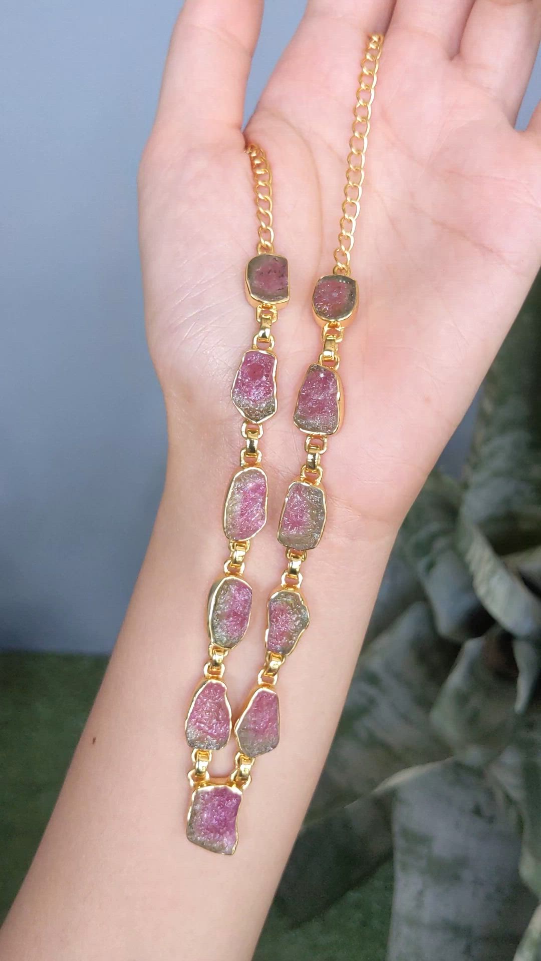 28.90 Ct. Watermelon Tourmaline Bezel Necklace, 18K Gold Plated Silver Size Video