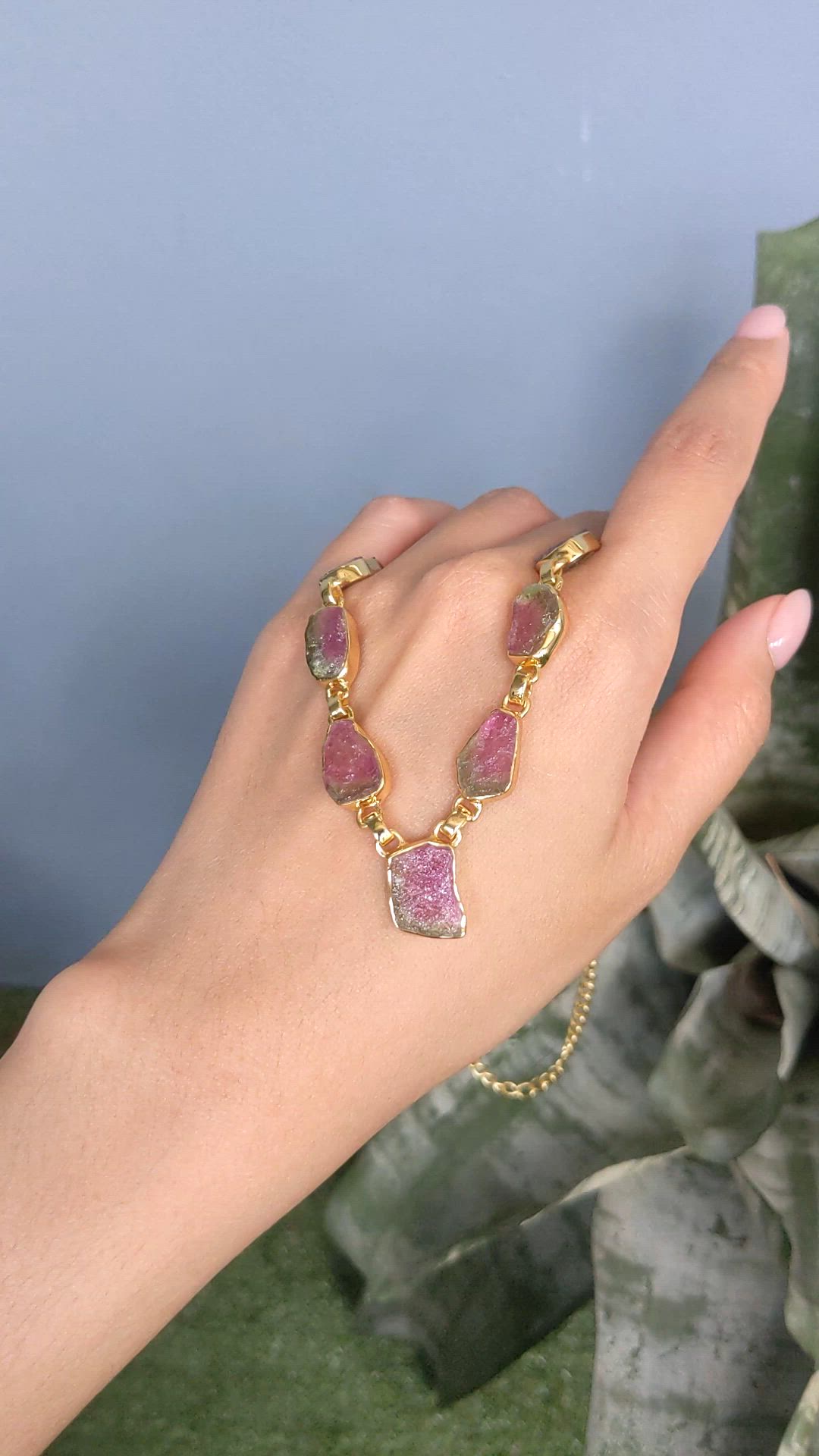 28.90 Ct. Watermelon Tourmaline Bezel Necklace, 18K Gold Plated Silver Size Video