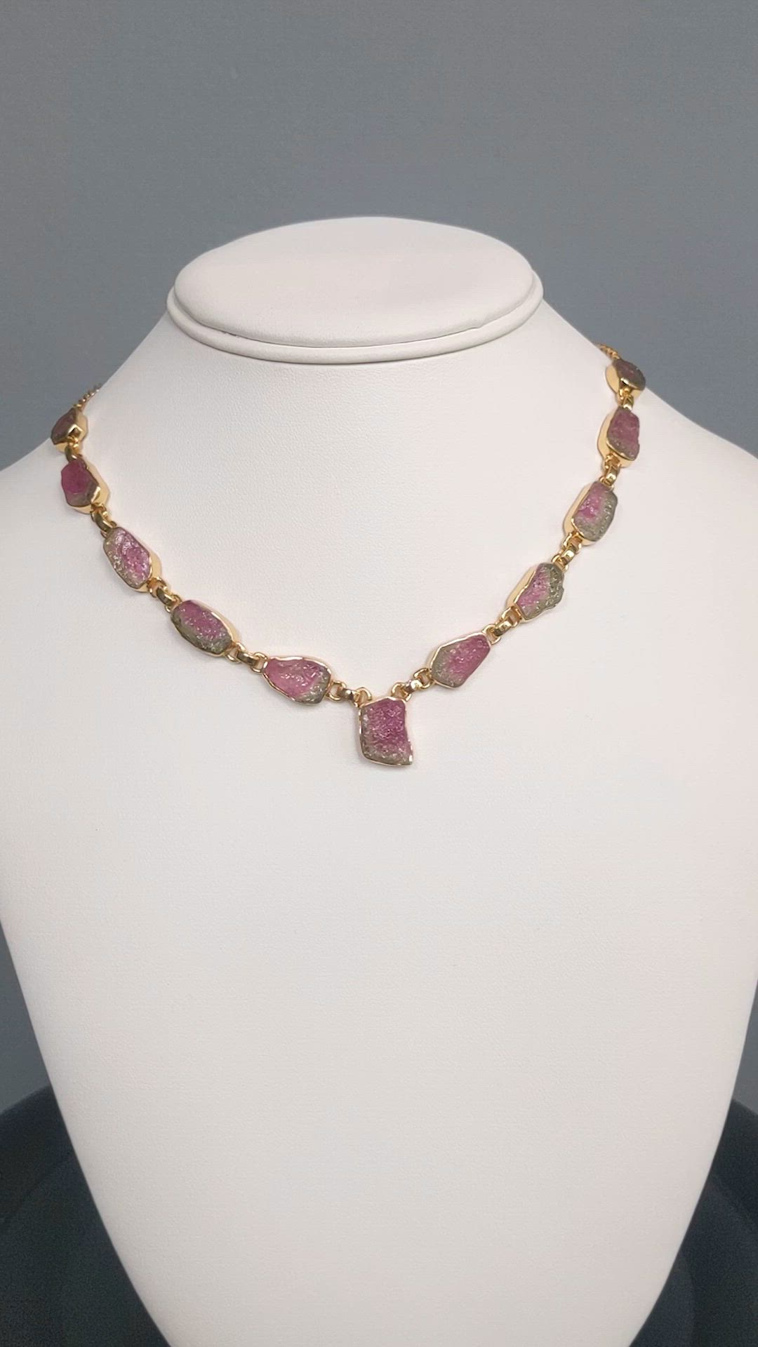 28.90 Ct. Watermelon Tourmaline Bezel Necklace, 18K Gold Plated Silver Size Video