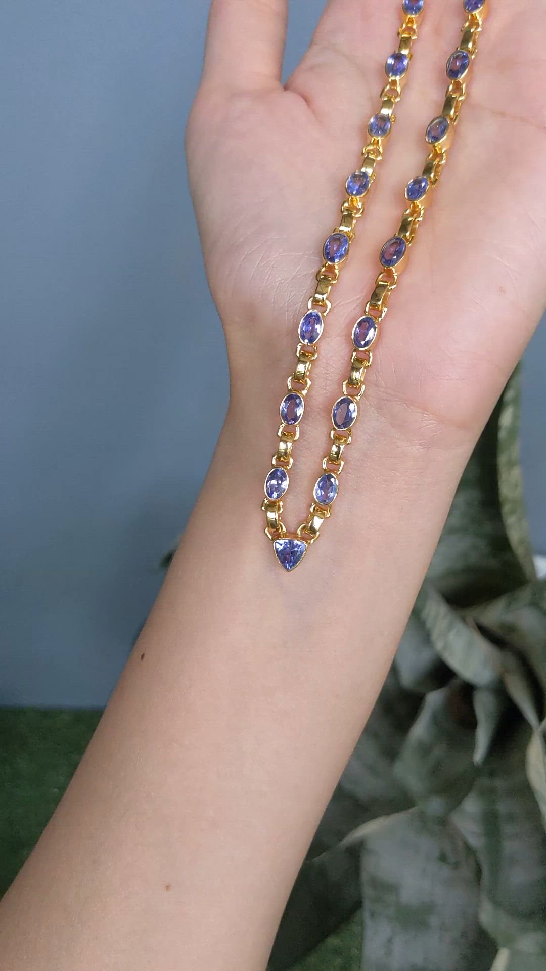 0.92 Ct. Violet Tanzanite Bezel Necklace, 18K Gold Plated Silver Size Video