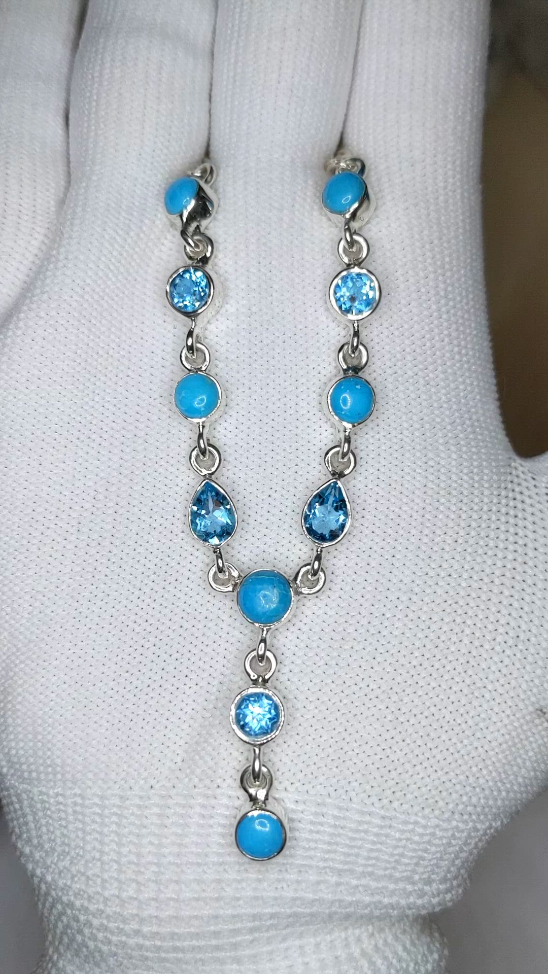 1.00 Ct. Mixed Turquoise and Swiss Blue Topaz Bezel Necklace, Silver Size Video