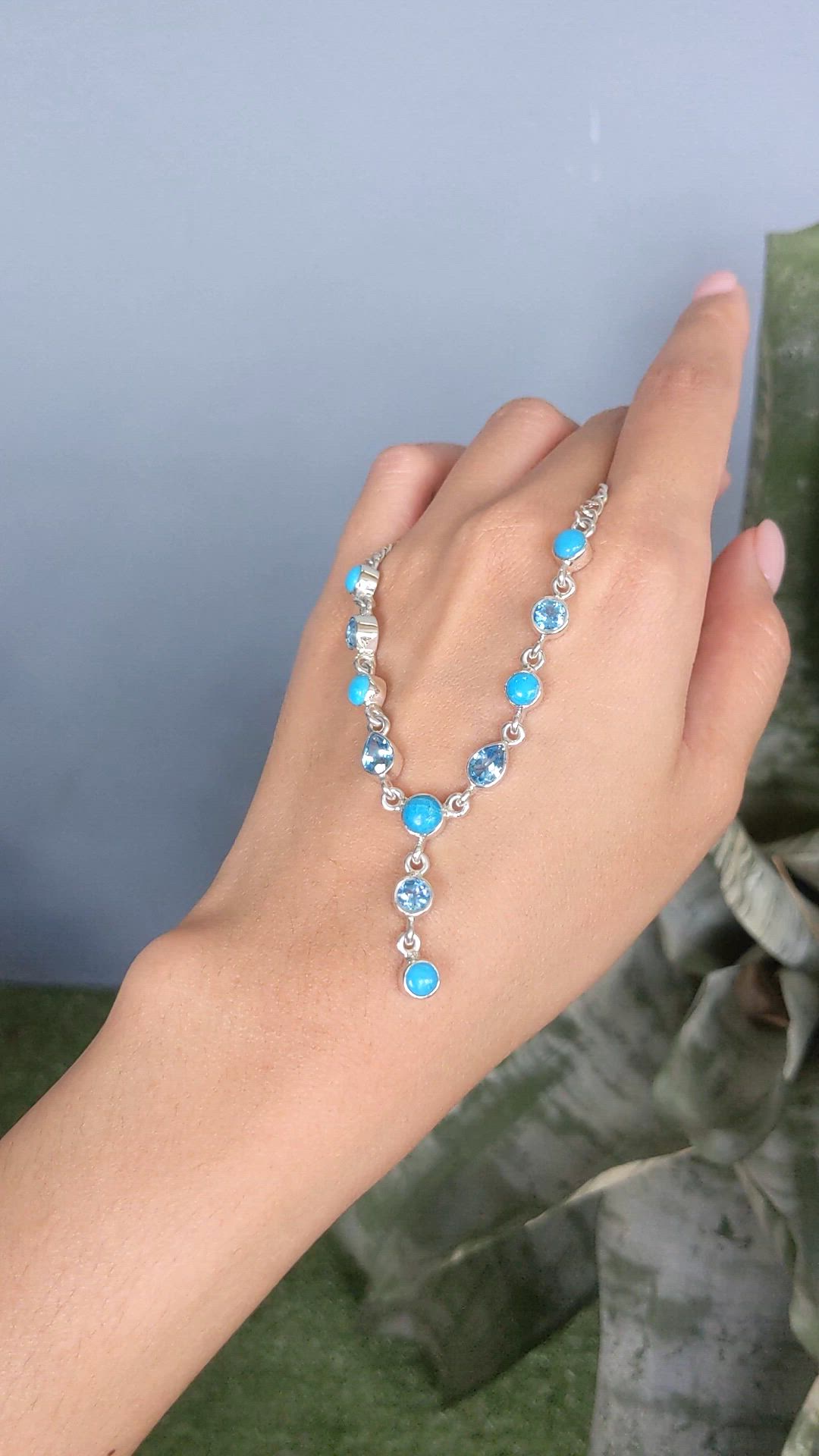 1.00 Ct. Mixed Turquoise and Swiss Blue Topaz Bezel Necklace, Silver Size Video
