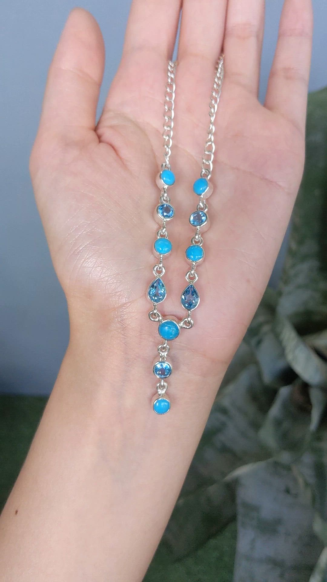 1.00 Ct. Mixed Turquoise and Swiss Blue Topaz Bezel Necklace, Silver Size Video