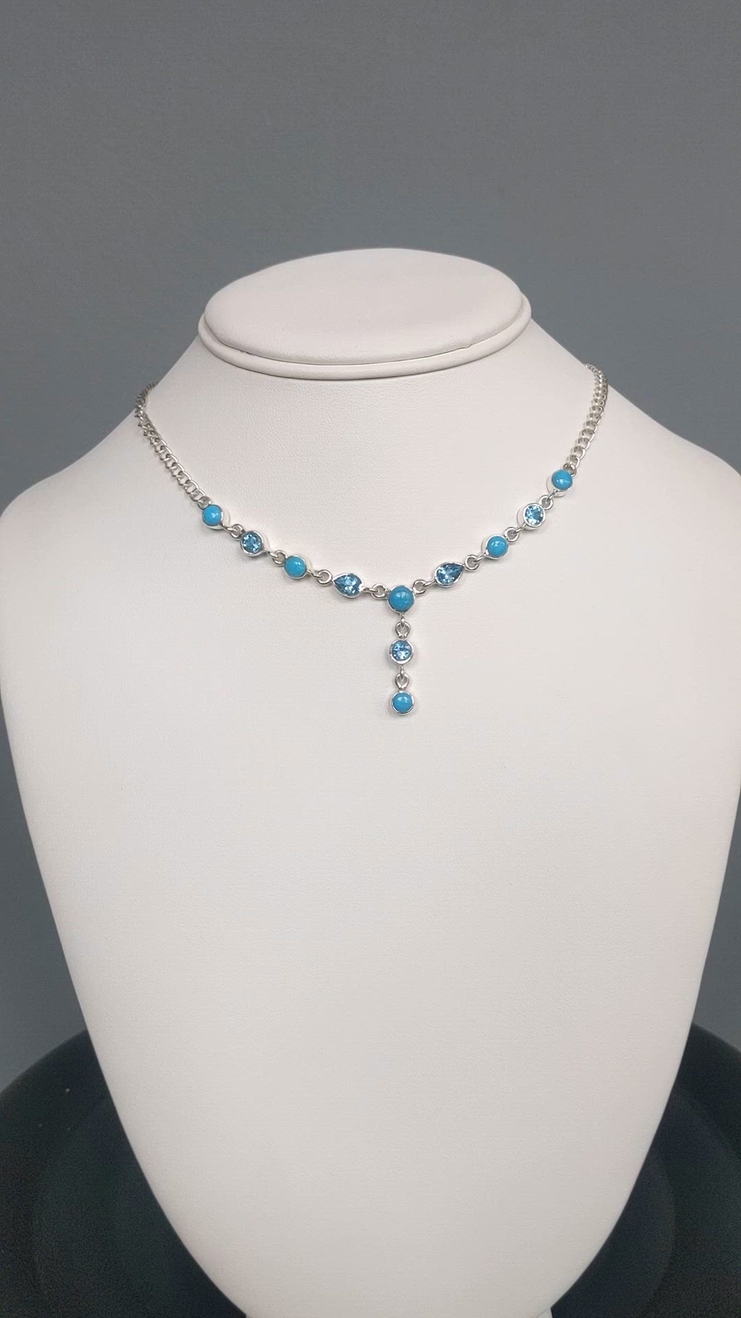 1.00 Ct. Mixed Turquoise and Swiss Blue Topaz Bezel Necklace, Silver Size Video