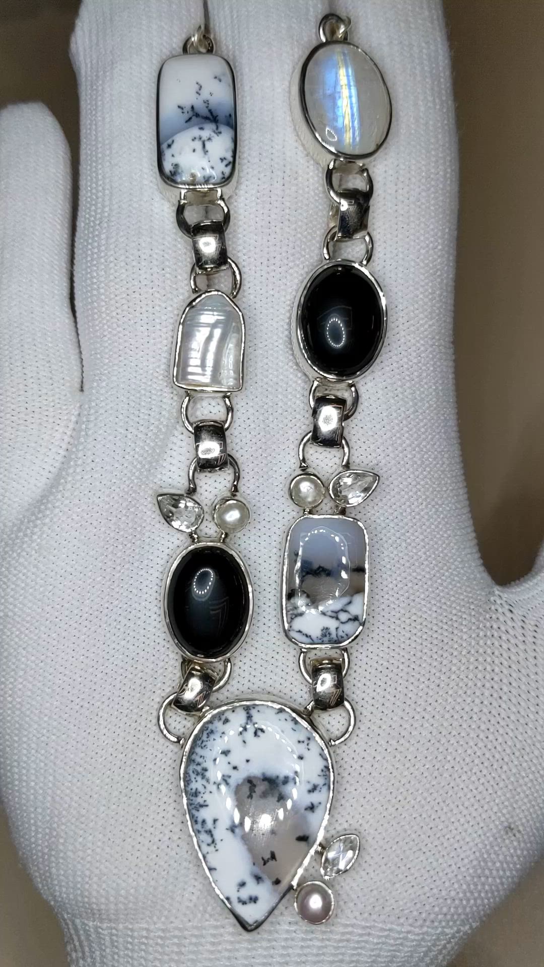 36.60&nbsp;Ct.Tw.Total Carat Weight Onyx, Opal, Moonstone, Akoya Pearl and Citrine Bezel Necklace, Silver Size Video
