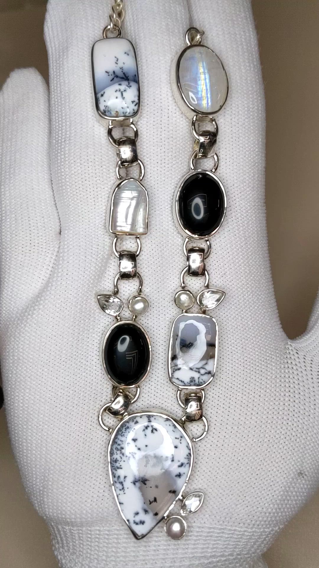 36.60&nbsp;Ct.Tw.Total Carat Weight Onyx, Opal, Moonstone, Akoya Pearl and Citrine Bezel Necklace, Silver Size Video