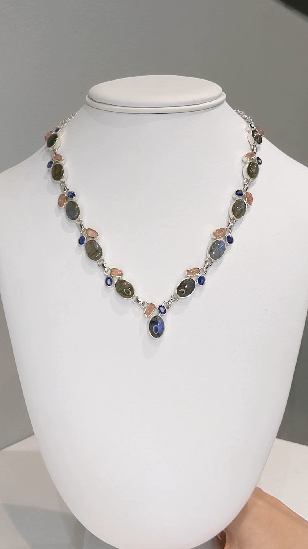 34.19&nbsp;Ct.Tw.Total Carat Weight Multi Color Labradorite, Pink Rose Quartz and Blue Kyanite Bezel Necklace, Silver Size Video