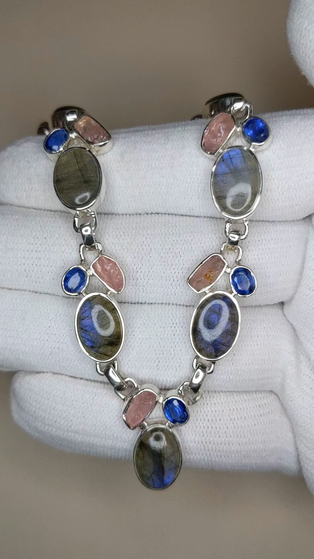 34.19&nbsp;Ct.Tw.Total Carat Weight Multi Color Labradorite, Pink Rose Quartz and Blue Kyanite Bezel Necklace, Silver Size Video