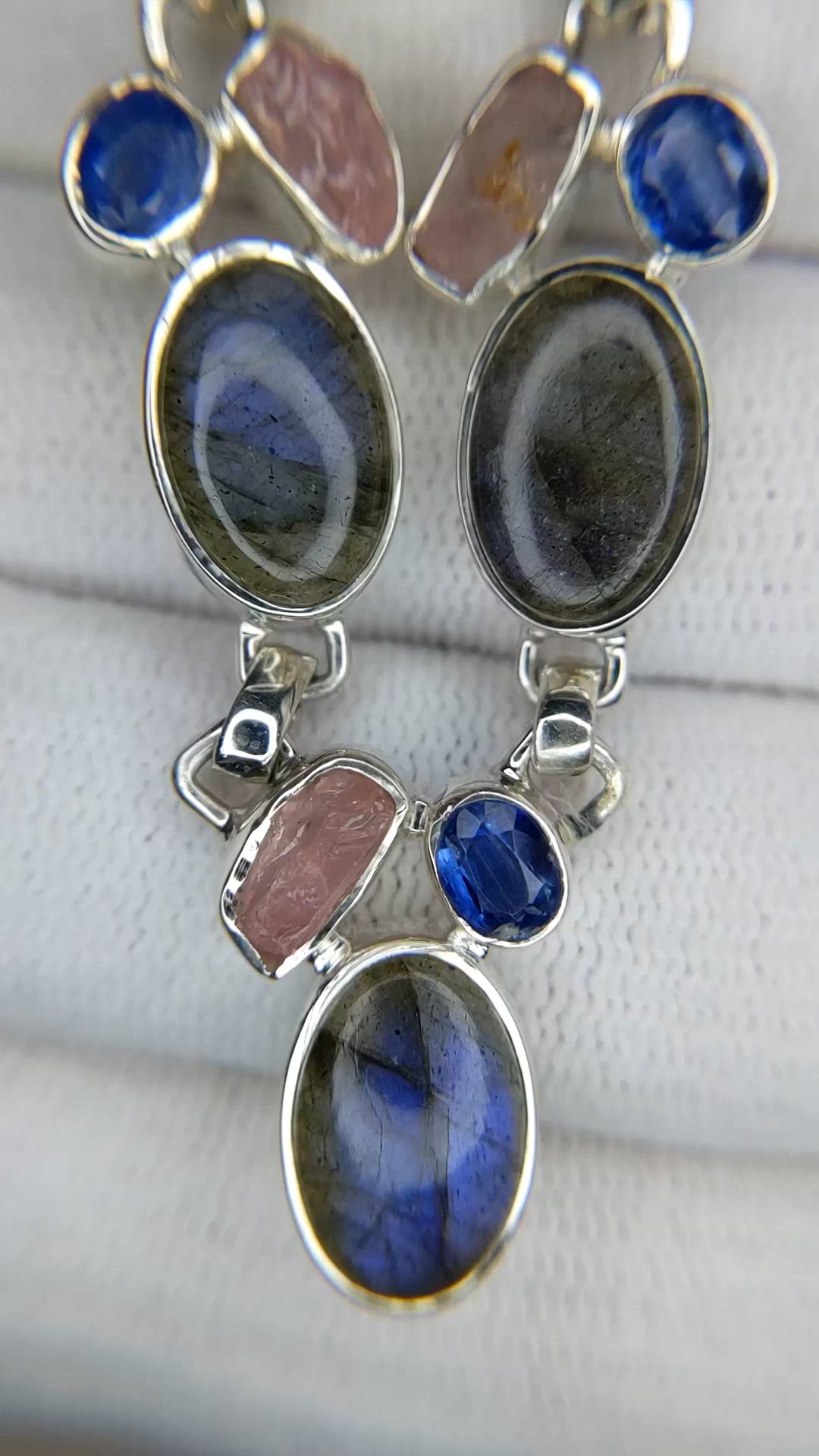 34.19&nbsp;Ct.Tw.Total Carat Weight Multi Color Labradorite, Pink Rose Quartz and Blue Kyanite Bezel Necklace, Silver Size Video