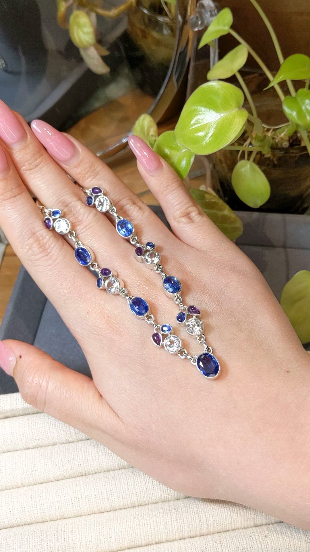 1.52 Ct. Blue Kyanite, White Topaz and Purple Amethyst Bezel Necklace, Silver Size Video