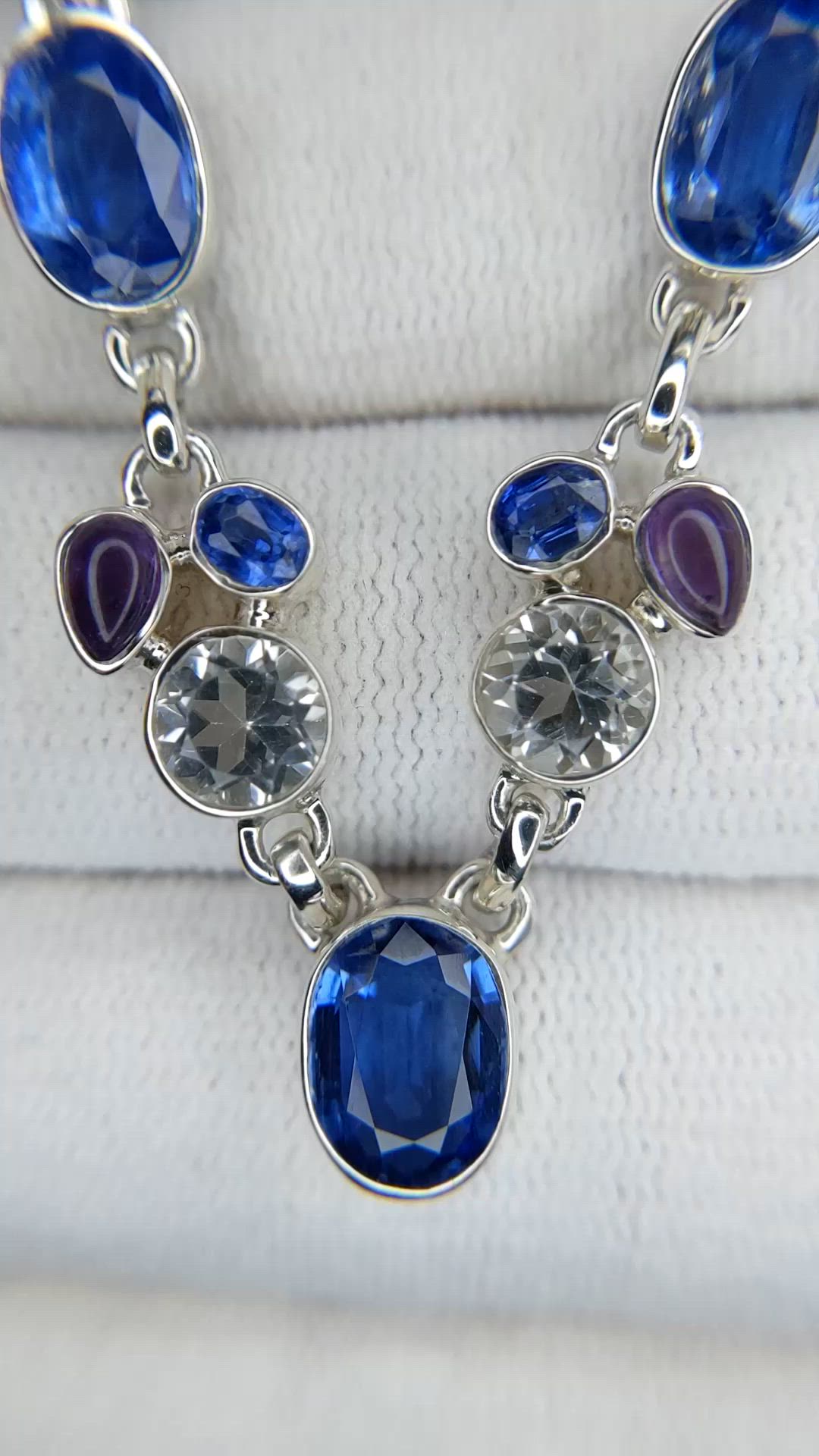 1.52 Ct. Blue Kyanite, White Topaz and Purple Amethyst Bezel Necklace, Silver Size Video