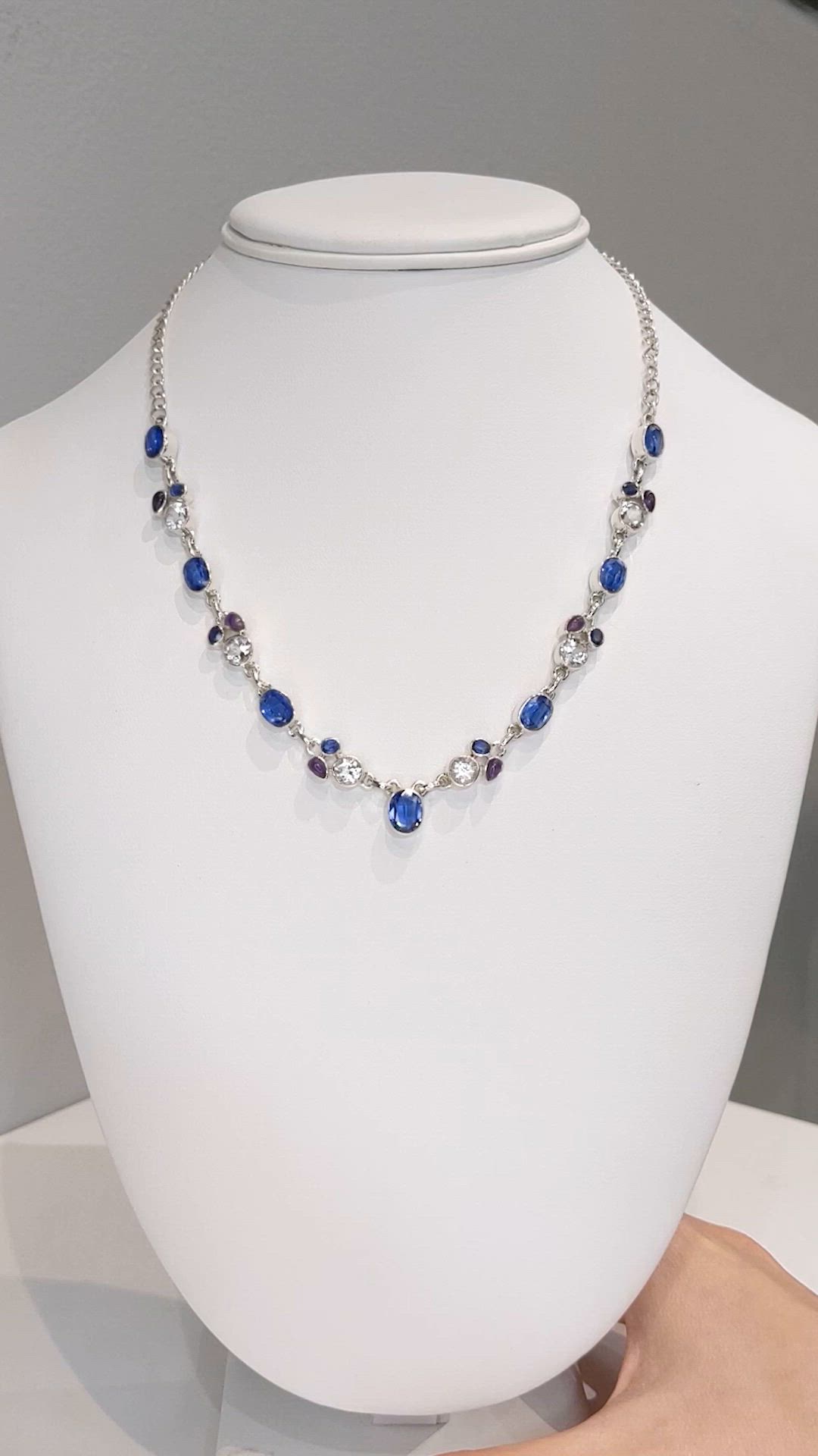 1.52 Ct. Blue Kyanite, White Topaz and Purple Amethyst Bezel Necklace, Silver Size Video