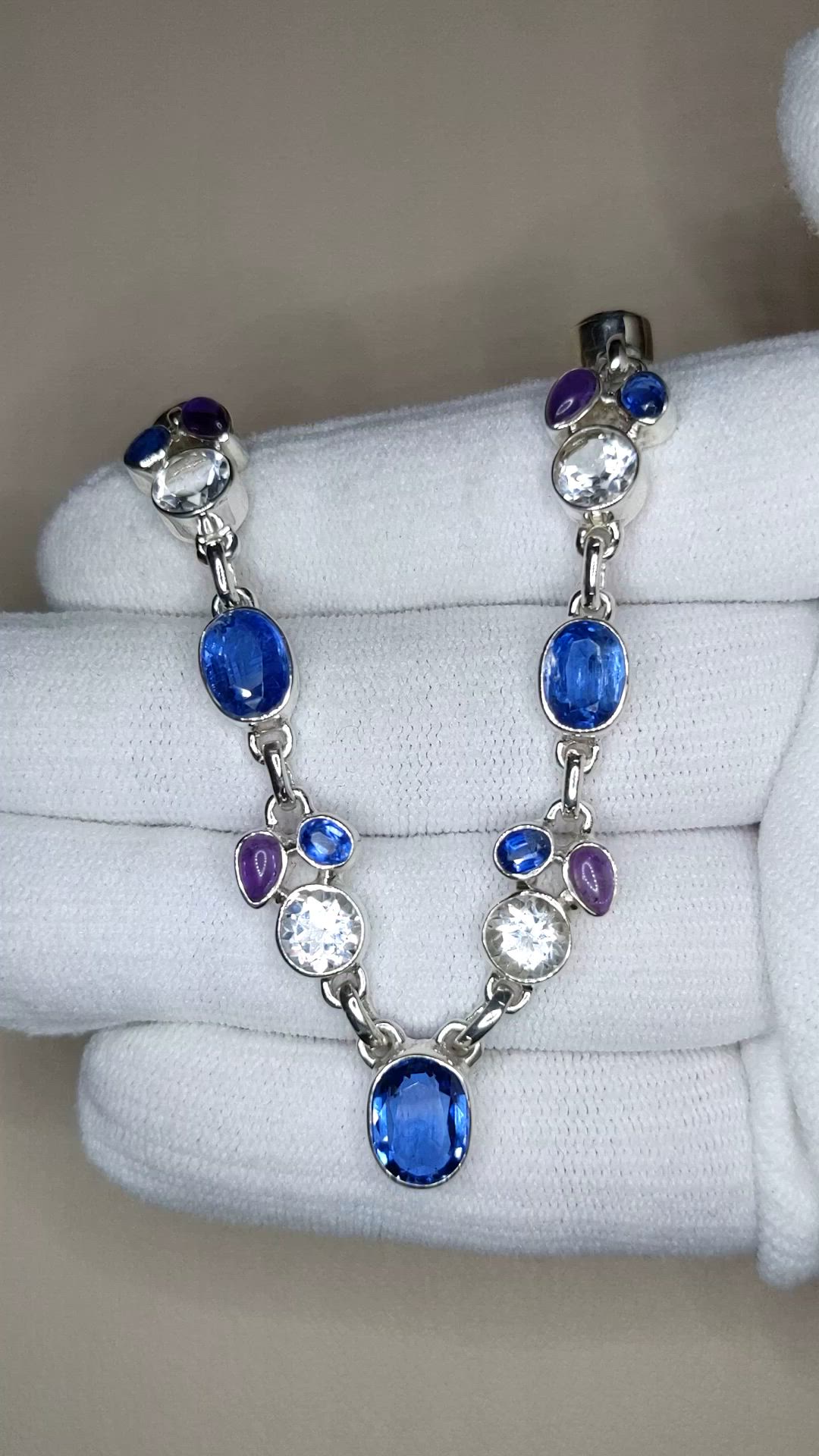 1.52 Ct. Blue Kyanite, White Topaz and Purple Amethyst Bezel Necklace, Silver Size Video