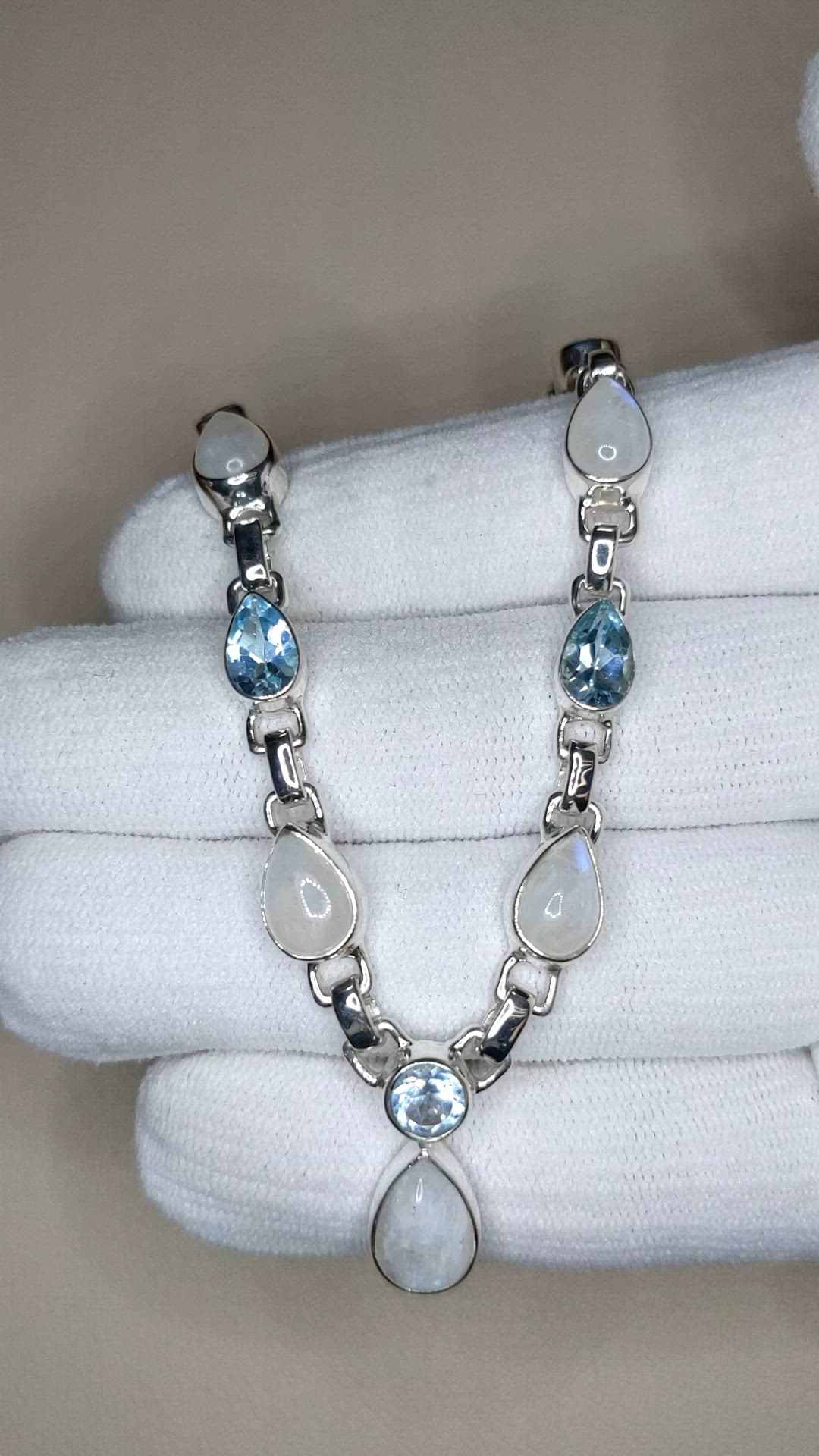 1.59 Ct. Rainbow Moonstone and Sky Blue Topaz Bezel Necklace, Silver Size Video