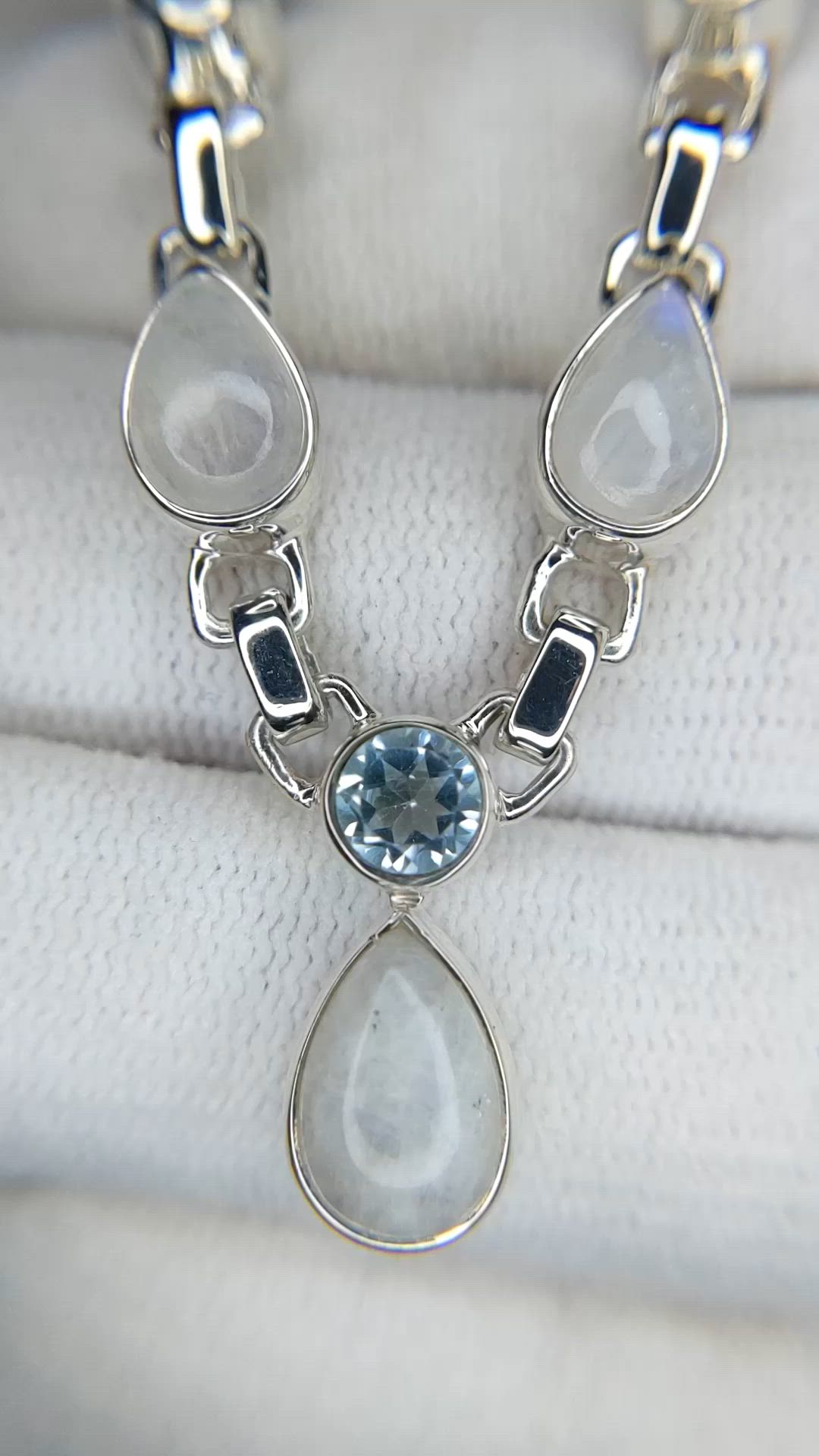 1.59 Ct. Rainbow Moonstone and Sky Blue Topaz Bezel Necklace, Silver Size Video