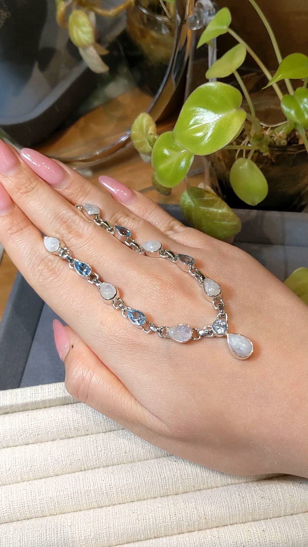1.59 Ct. Rainbow Moonstone and Sky Blue Topaz Bezel Necklace, Silver Size Video