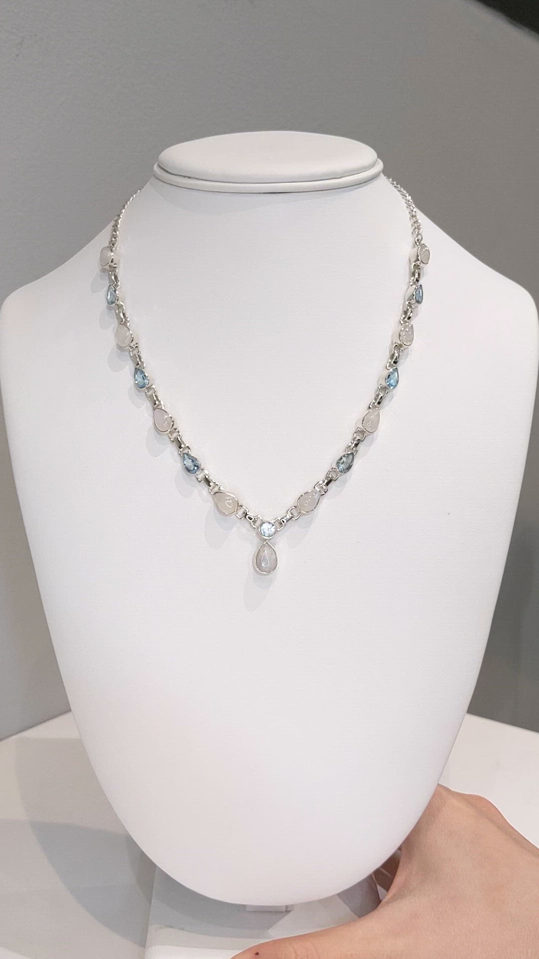 1.59 Ct. Rainbow Moonstone and Sky Blue Topaz Bezel Necklace, Silver Size Video