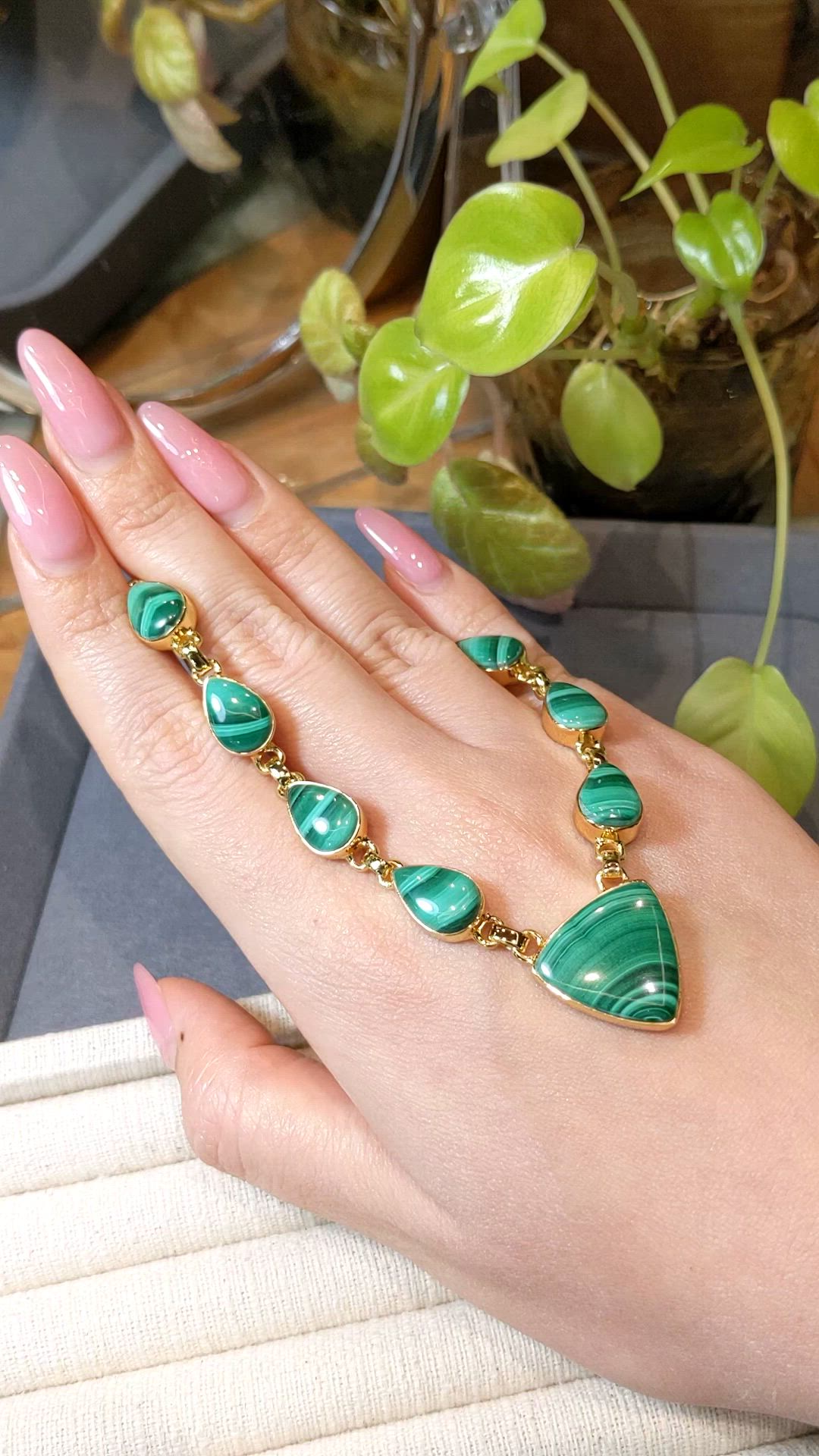 47.77 Ct.Tw.Total Carat Weight Malachite Bezel Necklace, 18K Gold Plated Silver Size Video