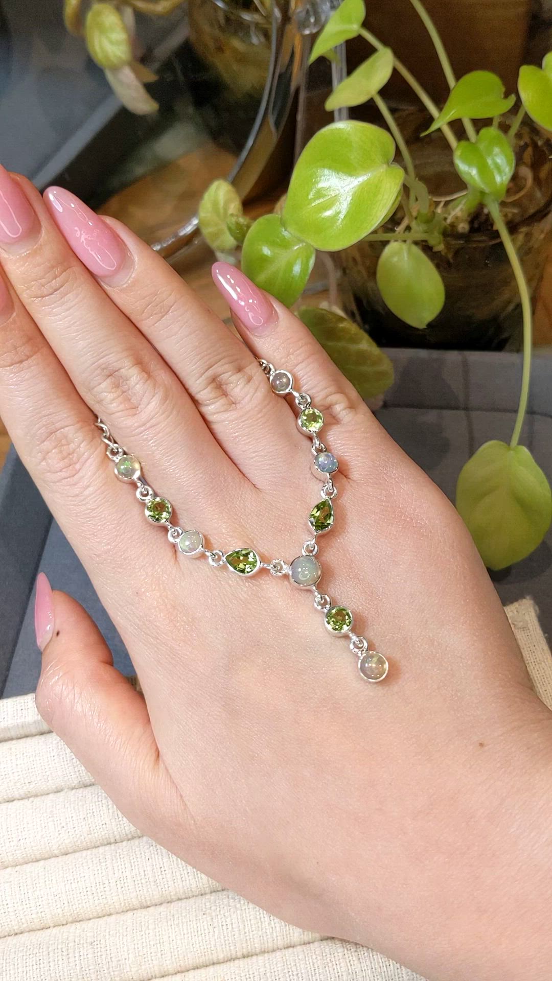 1.01 Ct. Mixed Opal and Green Peridot Bezel Necklace, Silver Size Video