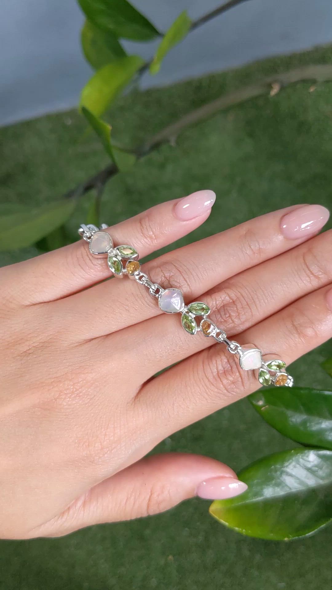 12.26 Ct.Tw.Total Carat Weight Green (Lime Green) Peridot, Multi Color White Opal (Light Opal) and Yellow Citrine Bezel Bracelet, Silver Size Video